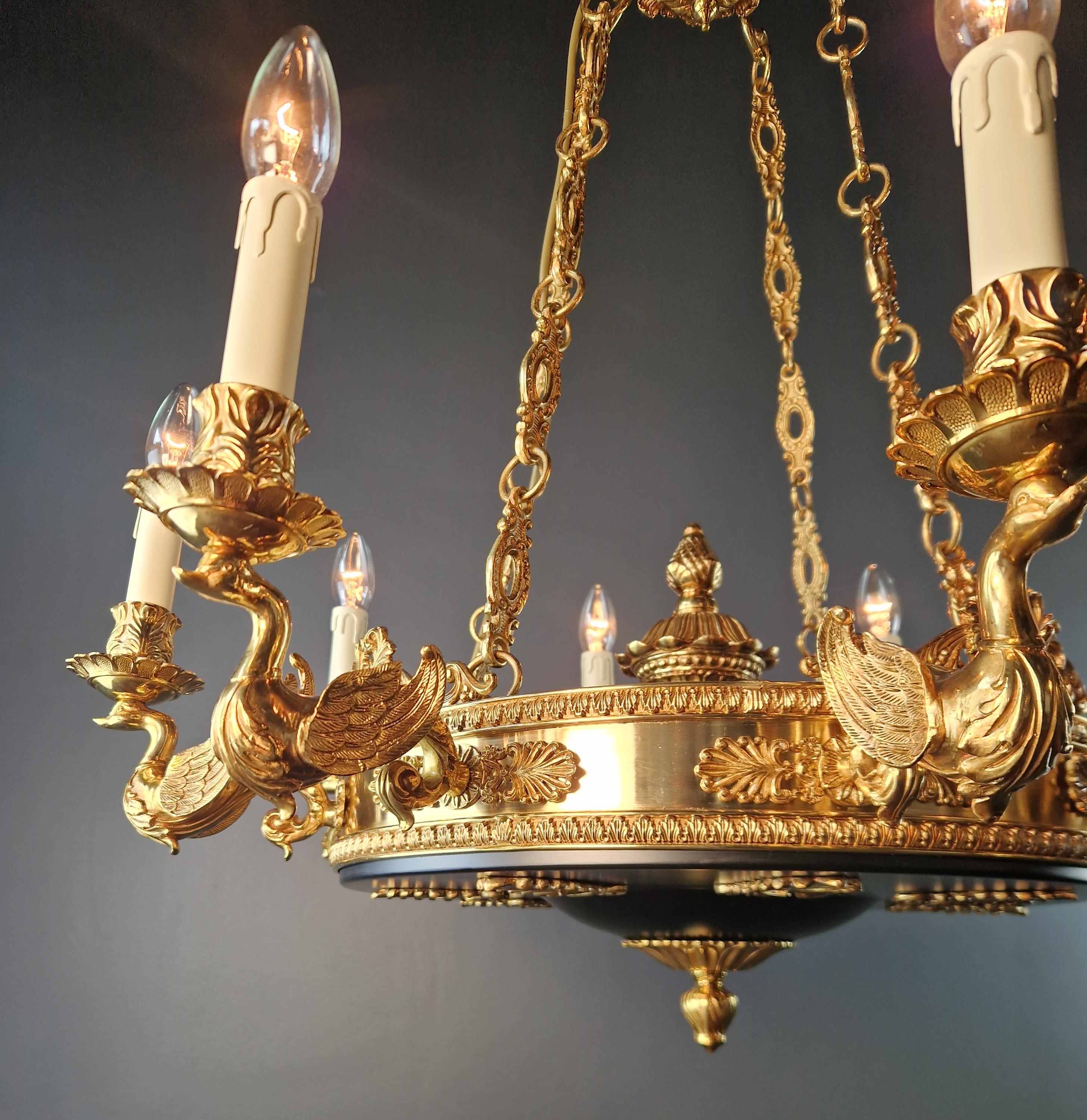 Swan French Brass Empire Chandelier Lustre Lamp Antique Gold For Sale 5