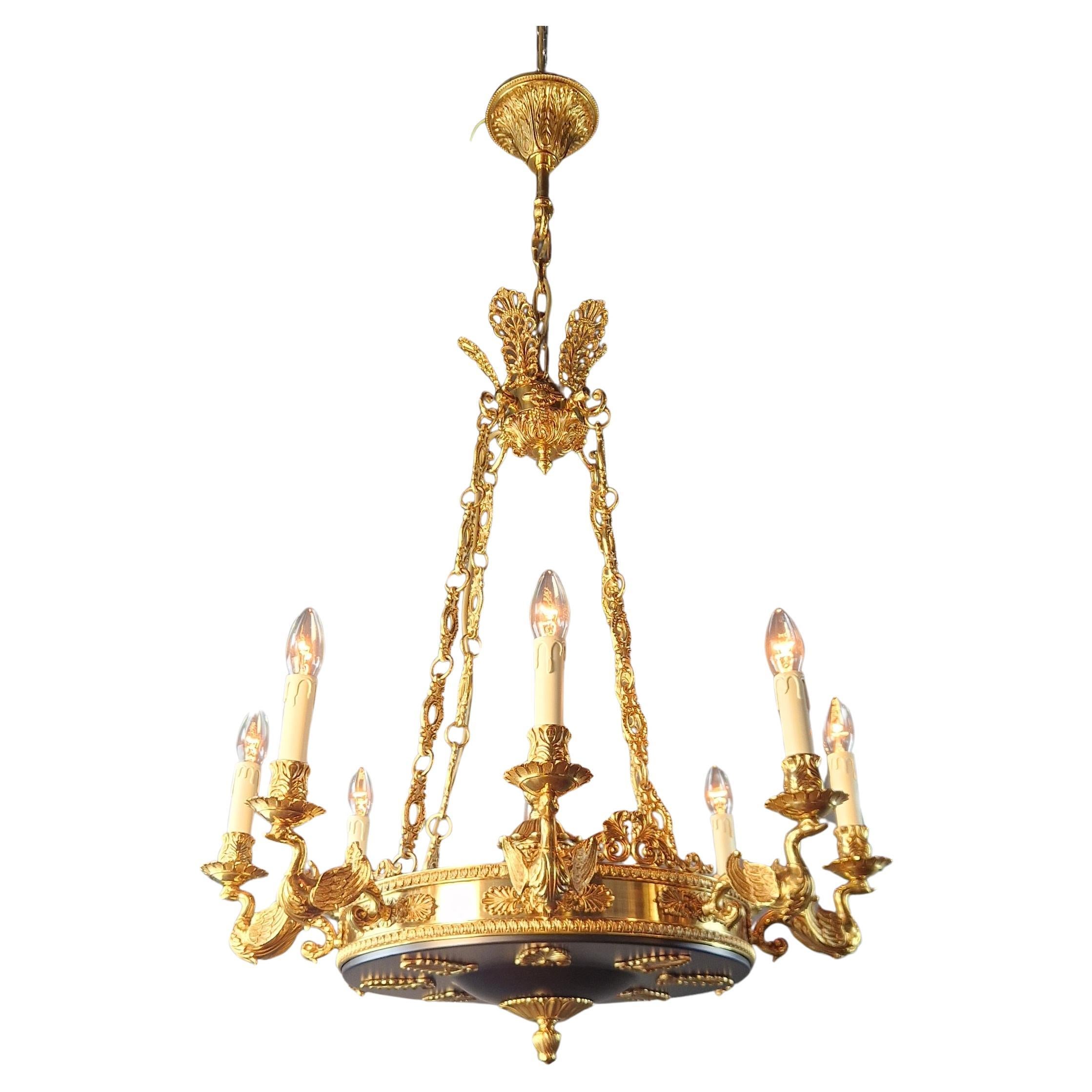 Swan French Brass Empire Chandelier Lustre Lamp Antique Gold