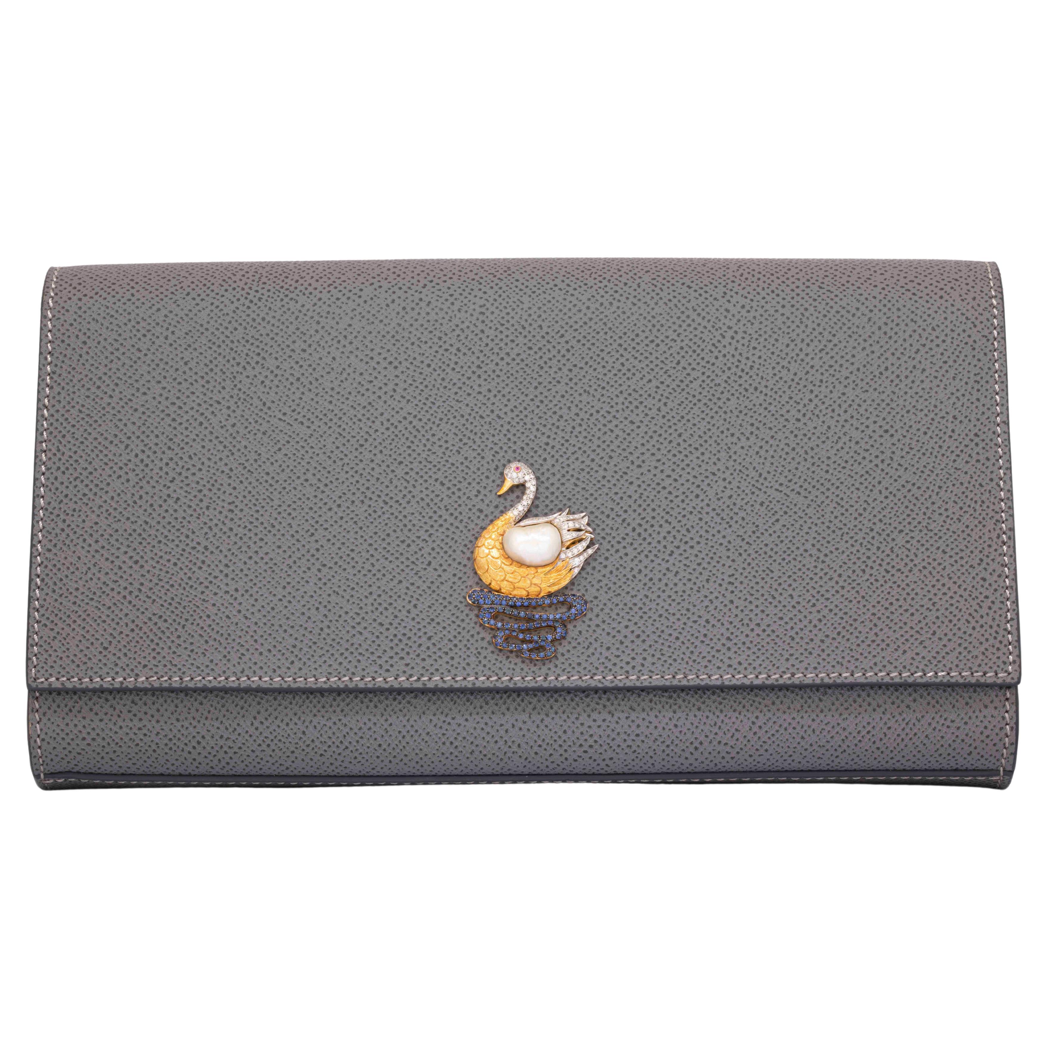 Swan Genuine Leather Clutch Centered with a 8.63 Ct. Certified Baroque Pearl For Sale