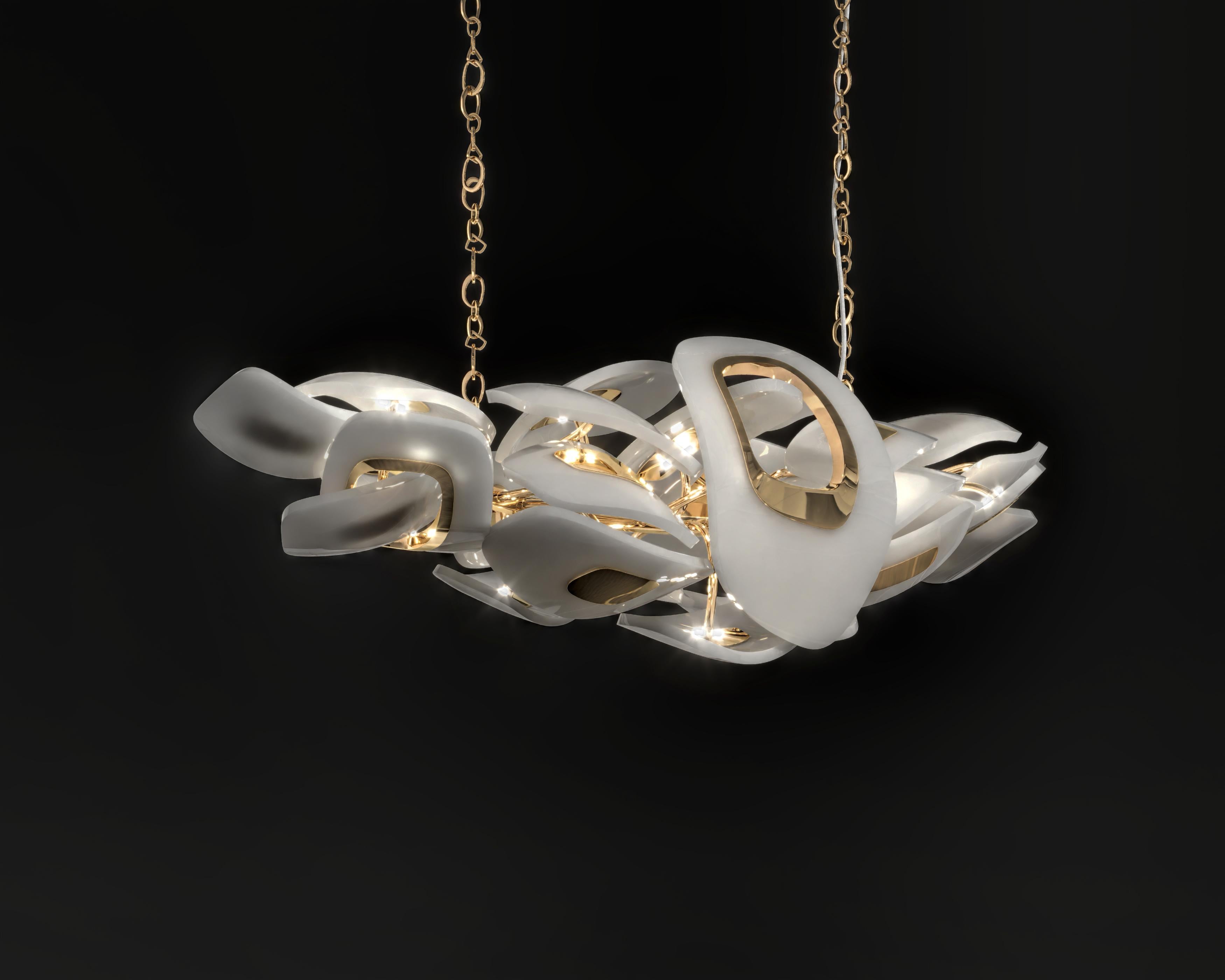 Brossé Lustre horizontal Swan en bronze poli et verre de Murano par Palena en vente