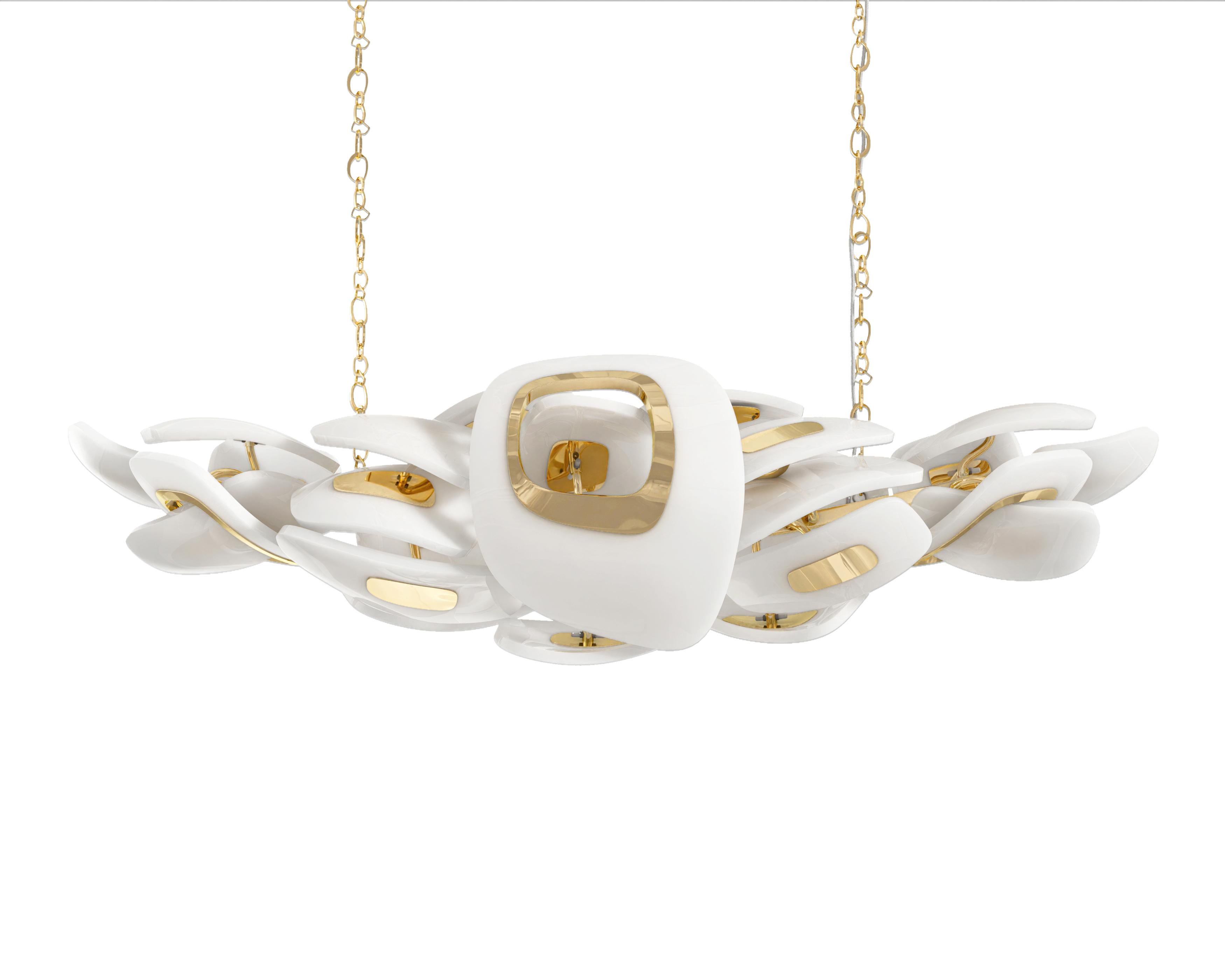 Swan Horizontal Chandelier in Polished Bronze and Murano Glass by Palena For Sale