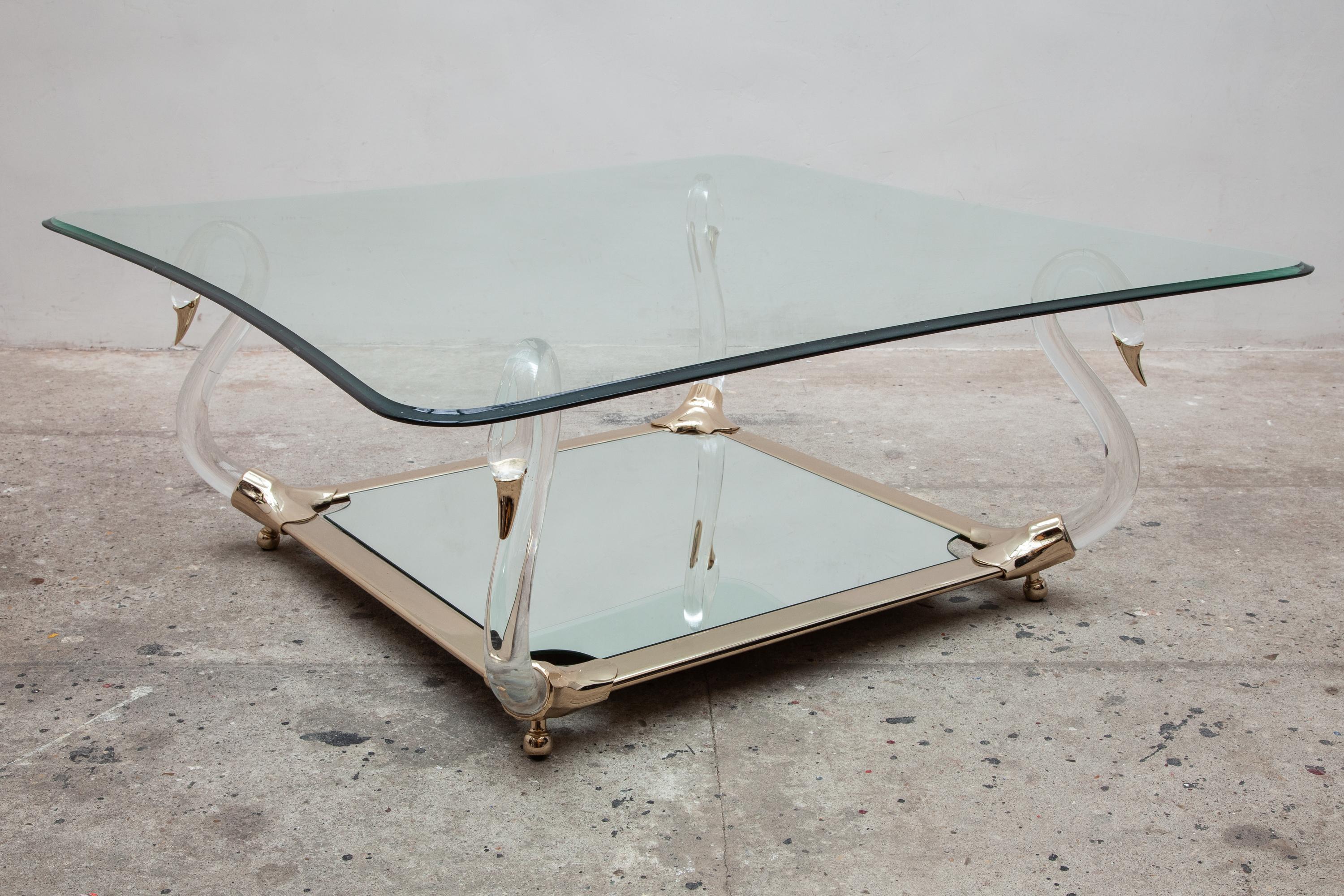 Swan Italian Lucite and Brass Coffee Table, 1970s, Hollywood Regency In Good Condition In Antwerp, BE