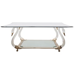 Swan Italian Lucite and Brass Coffee Table, 1970s, Hollywood Regency
