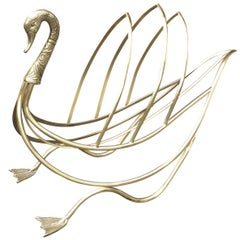 Maison Jansen Style Italian Brass Swan Magazine Rack, Marked, circa 1960