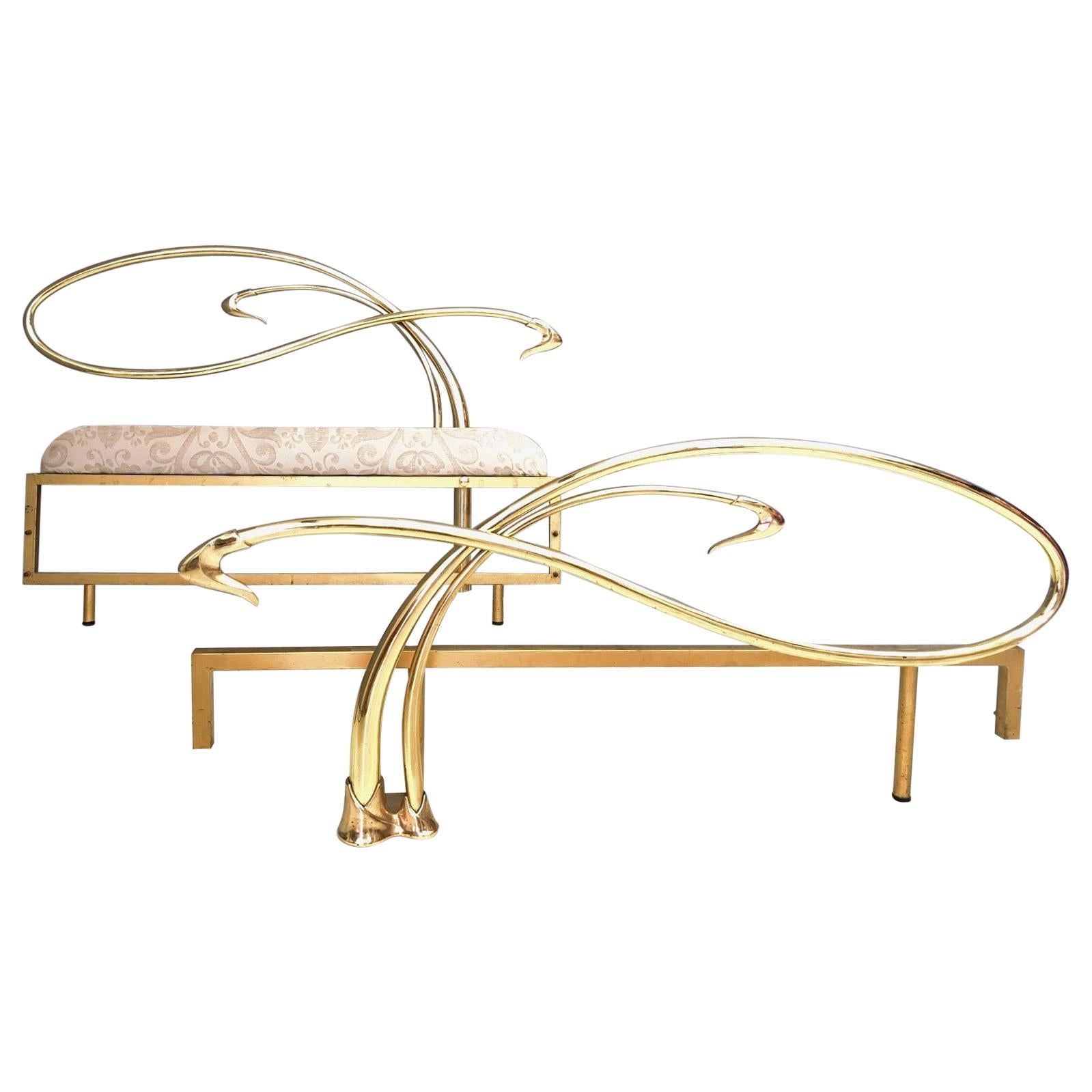 Postmodern Swan Motif Art Nouveau Style Brass Queen Size Bed Frame, Italy