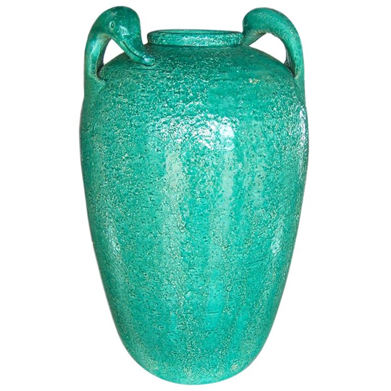 Swan Motif Glazed Pottery Vase