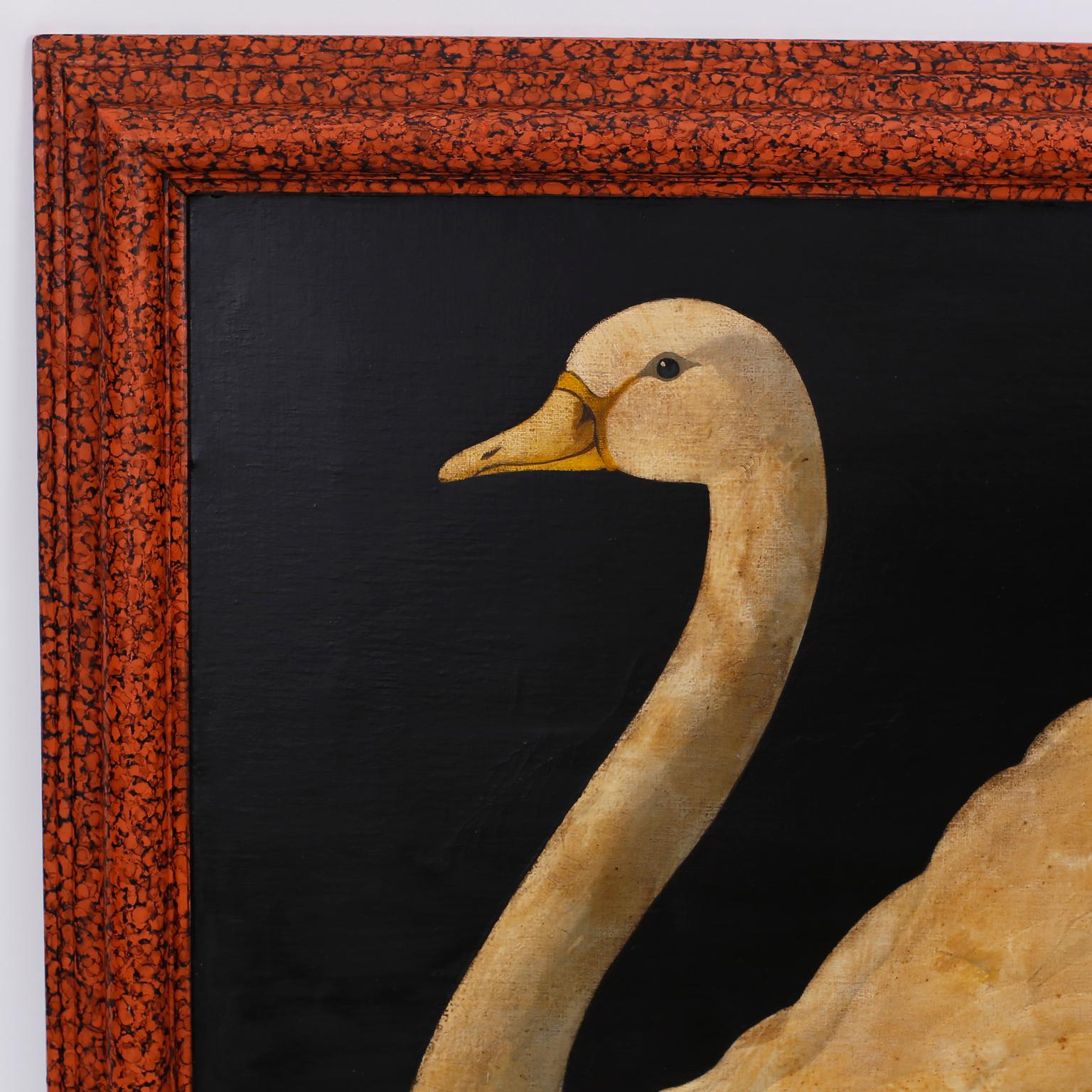 Oil painting on canvas of a graceful swan by William Skilling, executed in a tongue-in-cheek Victorian parlour painting style typical of the artist, with contrived aging and distressed finish, some evidence of old professional repair. Signed