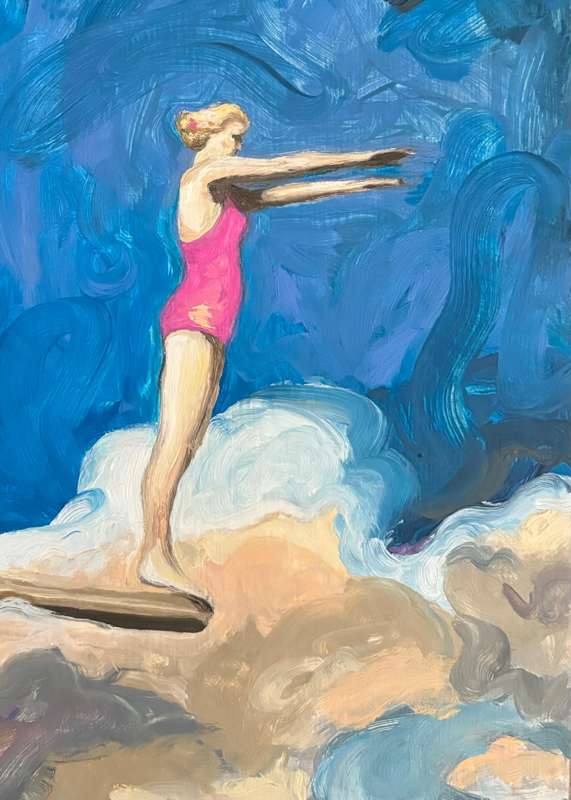 Figurative Schwimmerin in Öl auf Holz Schattenbox, Ambition n°24_Swan Scalabre im Angebot 1