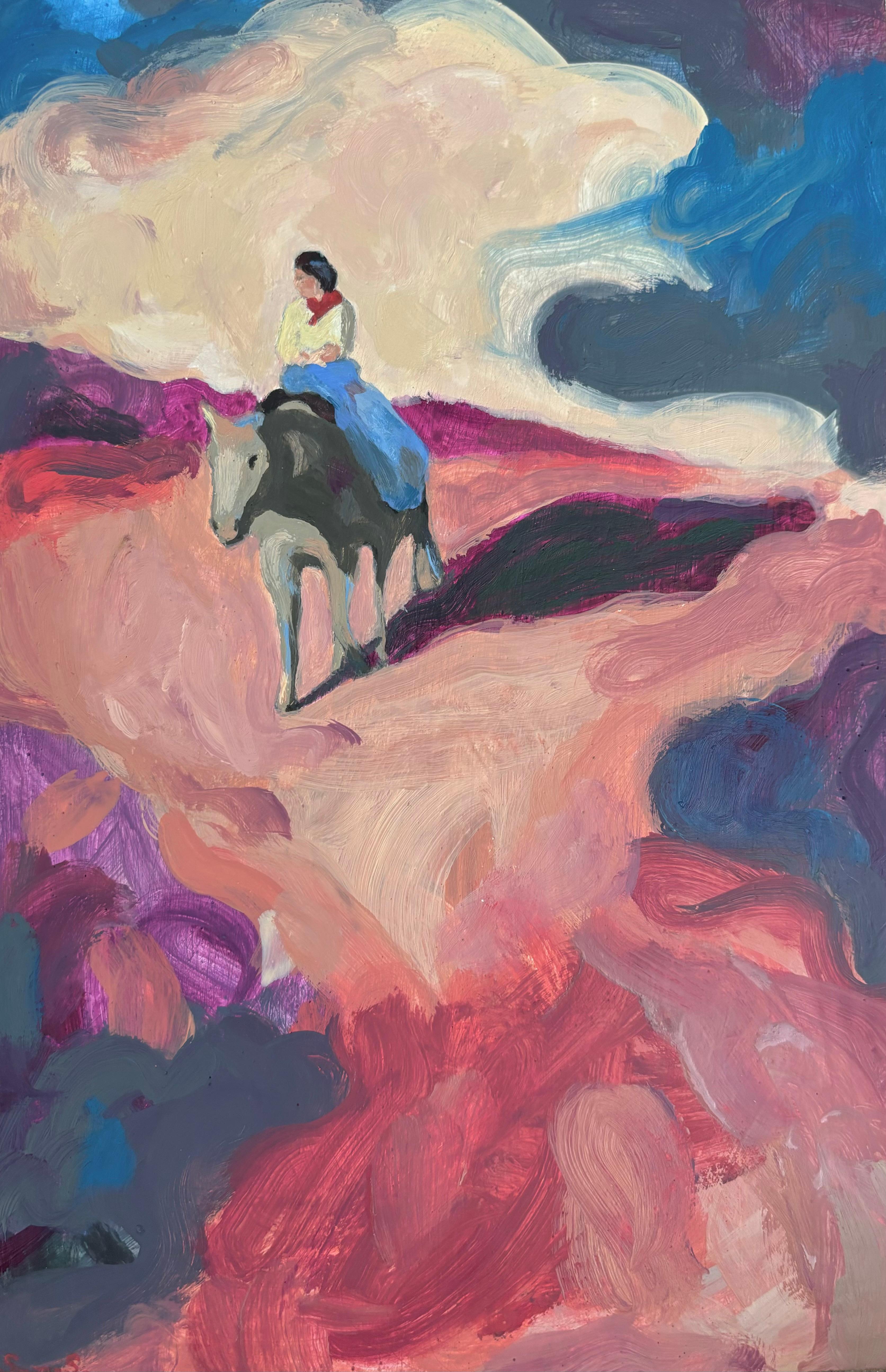 Figurativo, Paesaggio, Cavallo, Olio su legno, Dittico occidentale_Swan Scalabre in vendita 1