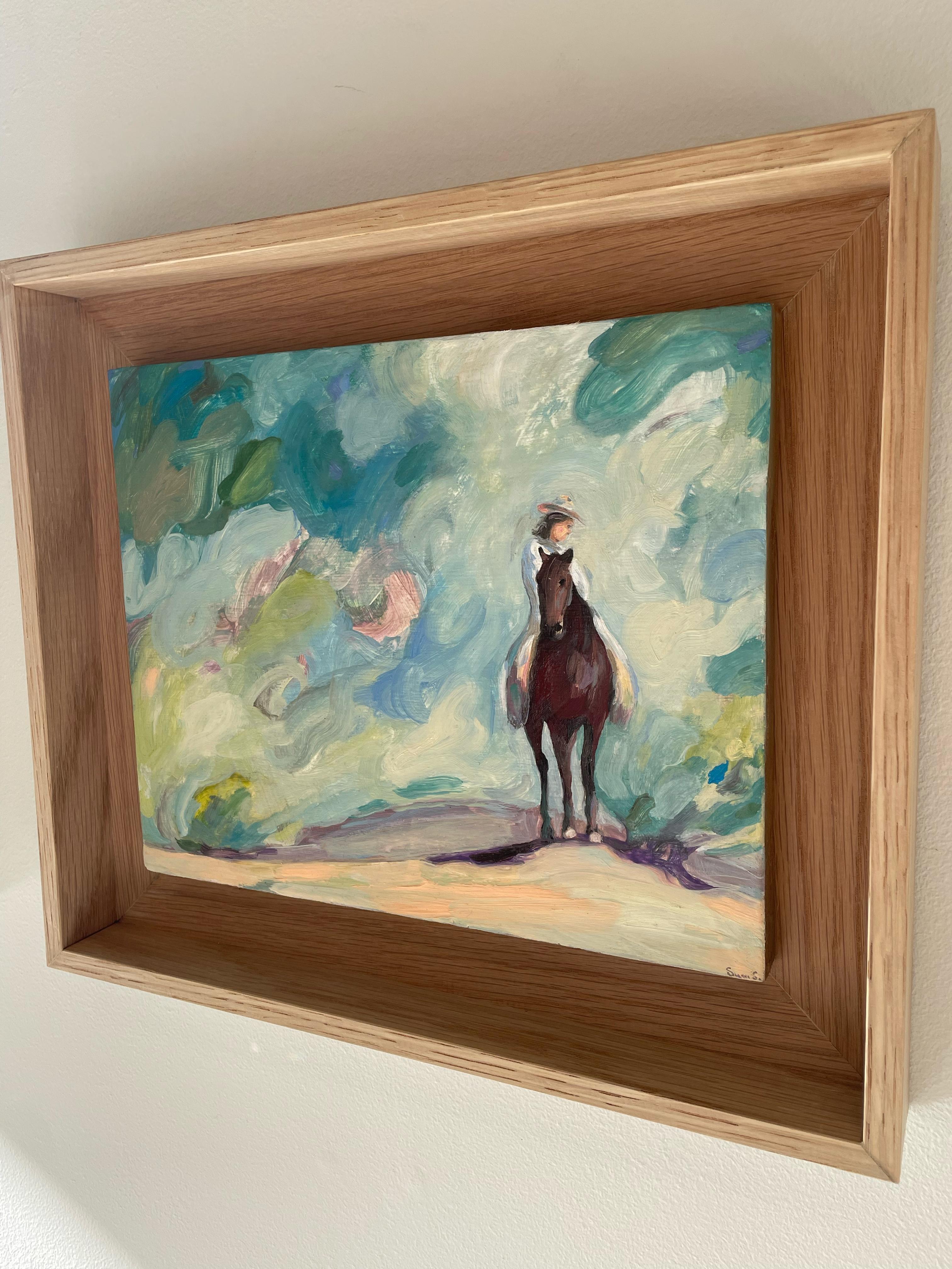 Ritratto figurativo a cavallo in olio su tavola, Western n°13_Swan Scalabre in vendita 1