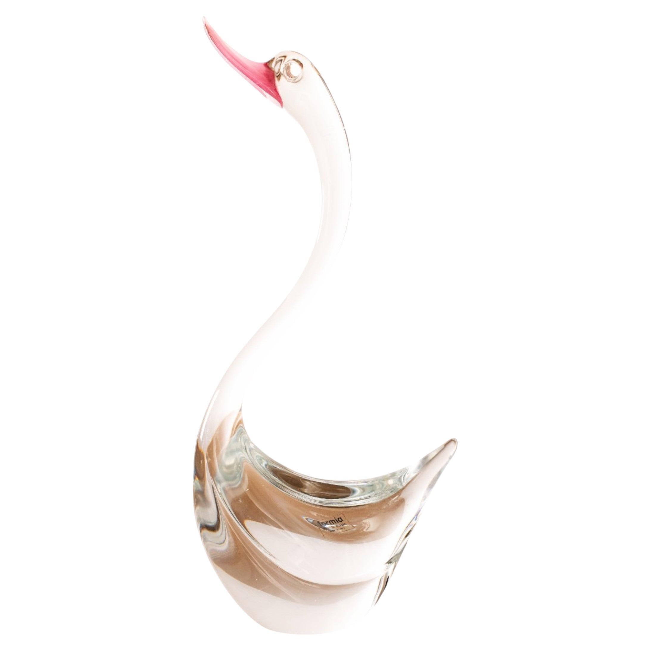 Swan Sculpture in Crystal Murano glass with Pink details, vintage Italy in stock