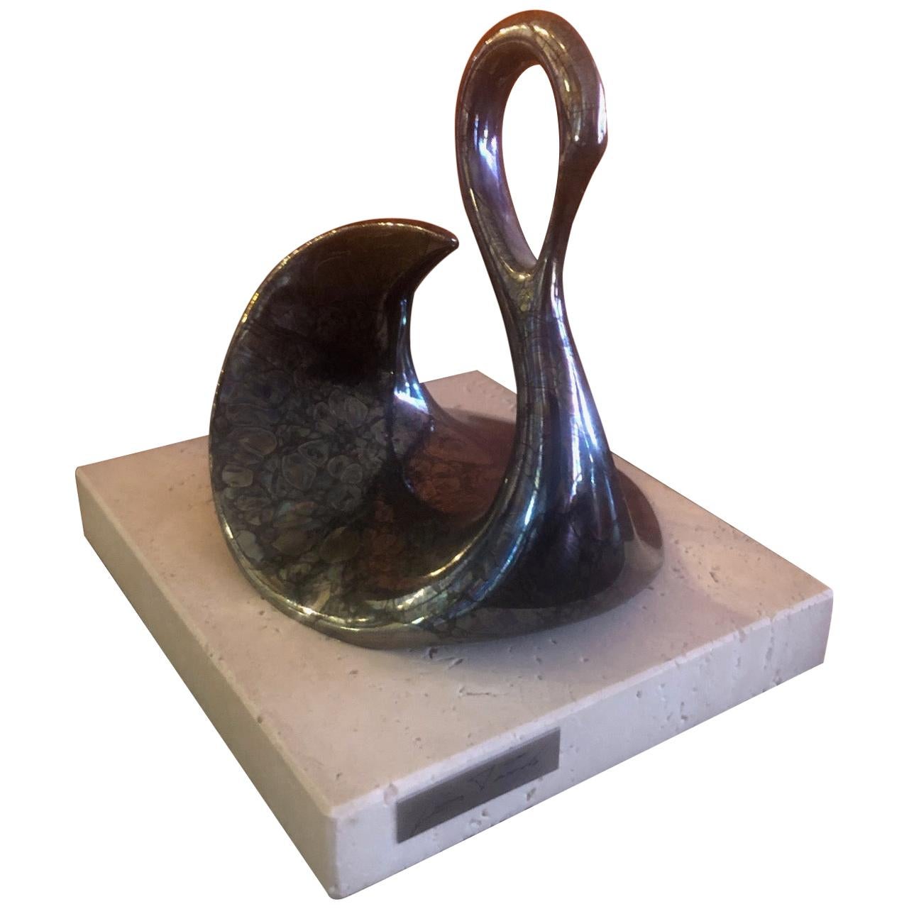 Swan Sculpture on Travertine Base by Porta-Celi