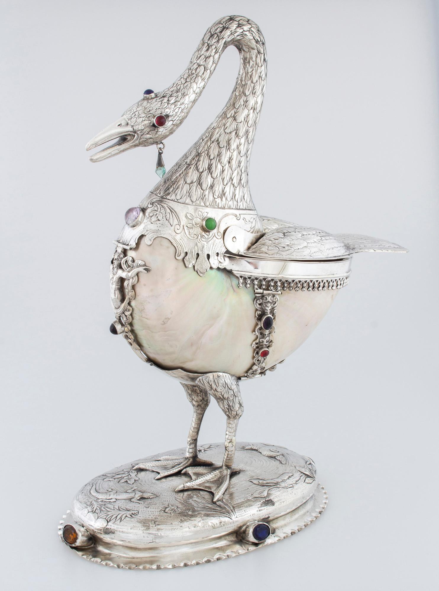 German Swan-shaped Centerpiece, Silver Figural Centerpiece with Engraved Decorations For Sale
