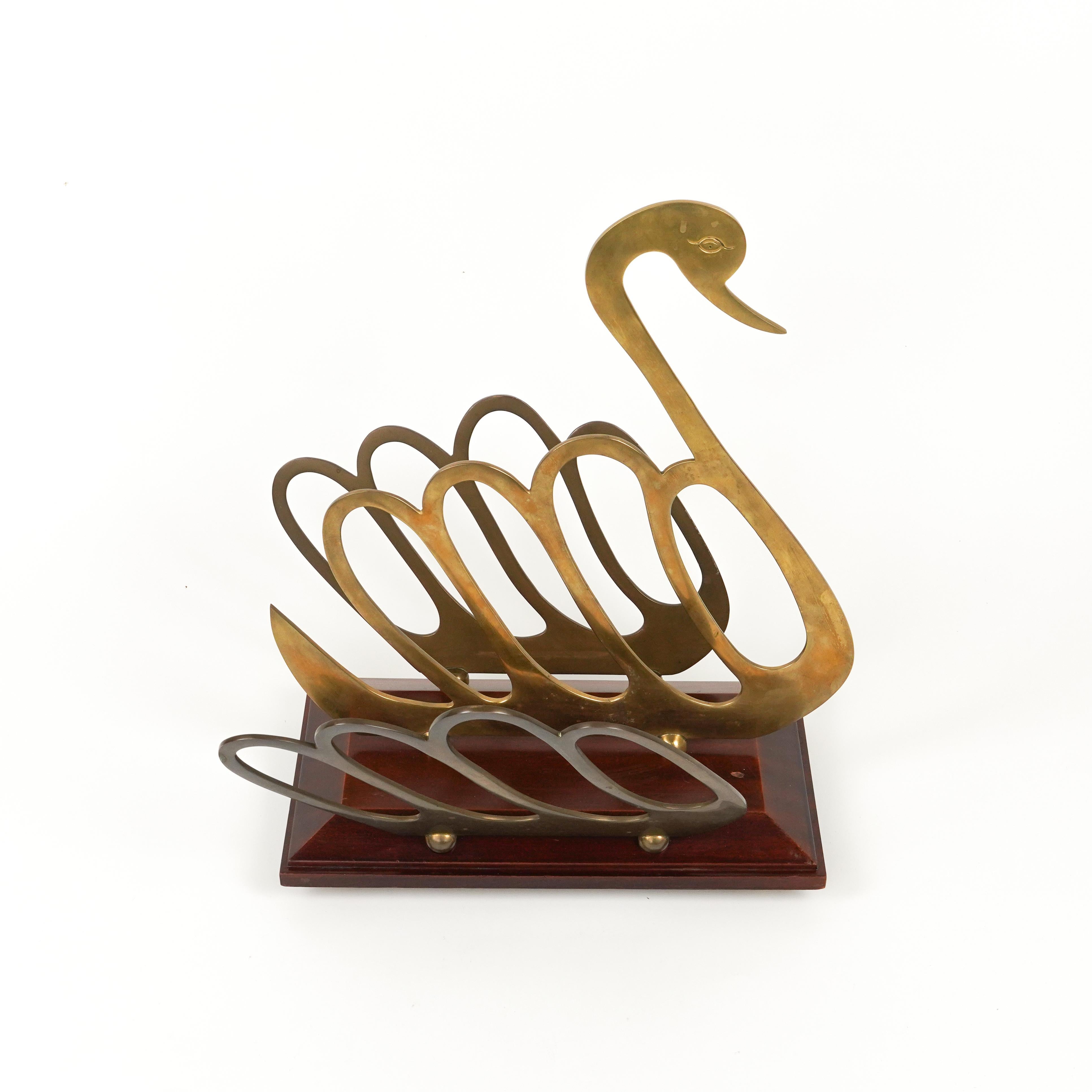 Italian Swan Shaped Magazine Rack in Wood and Brass Maison Jansen Style, Italy 1970s For Sale