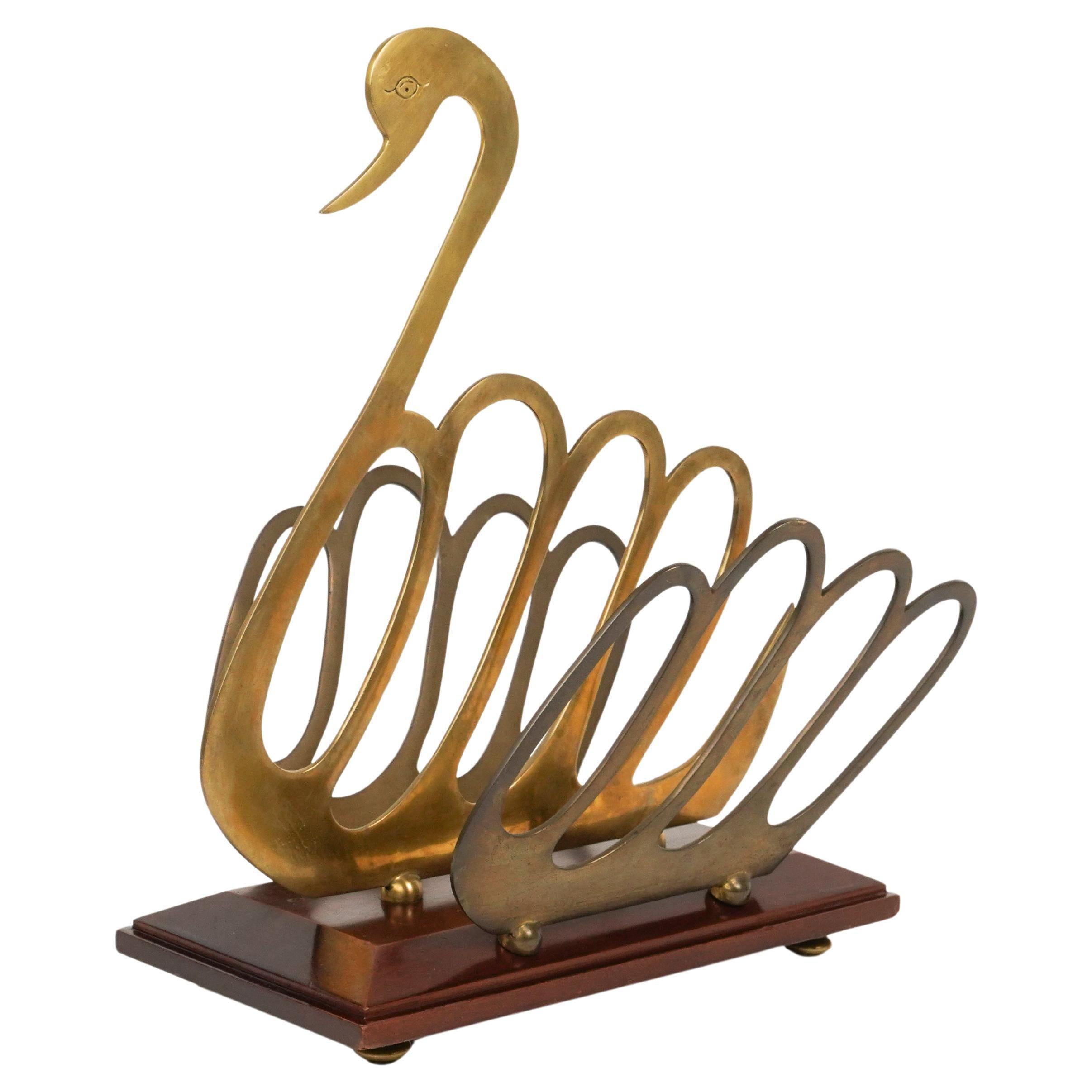 Swan Shaped Magazine Rack in Wood and Brass Maison Jansen Style, Italy 1970s For Sale