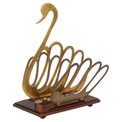 Vintage Swan Shaped Magazine Rack in Wood and Brass Maison Jansen Style, Italy 1970s