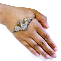 Swan Shaped Palm Bracelet With Pave Diamonds & Tsavorite In 18k Gold & Silver