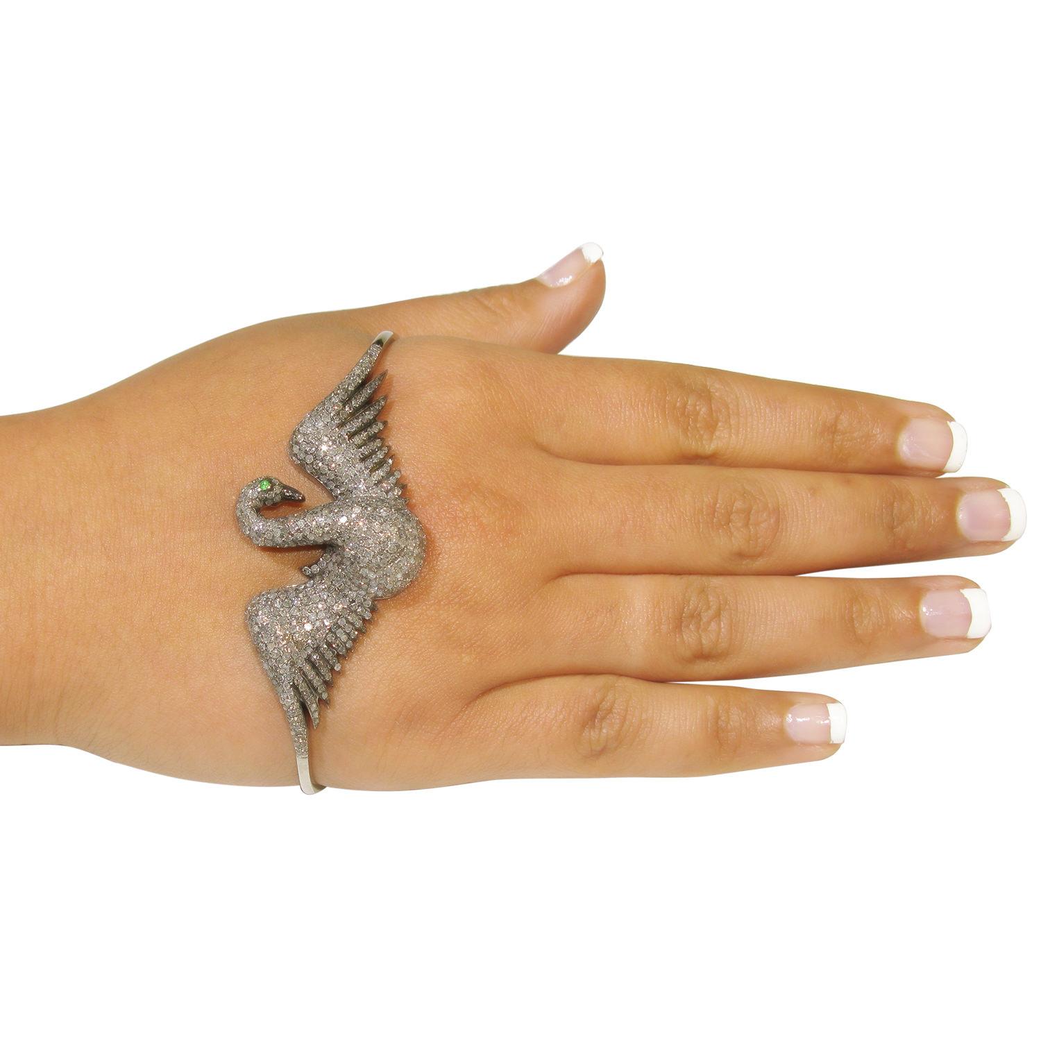 Women's Swan Shaped Palm Bracelet With Pave Diamonds & Tsavorite In 18k Gold & Silver For Sale