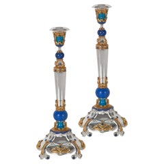 Paire de chandeliers impériaux Swan Sky en argent massif doré et lapis-lazuli