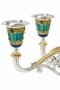 Swan Sky Imperial Silver, Lapis Lazuli Enamel Candelabrum- Handcrafted To Order