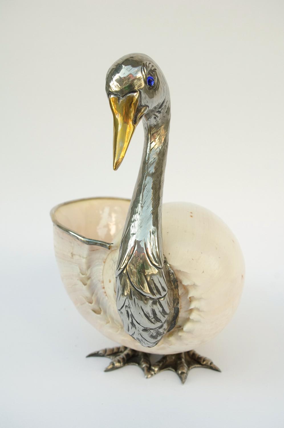 Swan Trinket Bowl, Shell and Silvered Metal, Signed Binazzi, circa 1970 In Good Condition In Saint-Ouen, FR