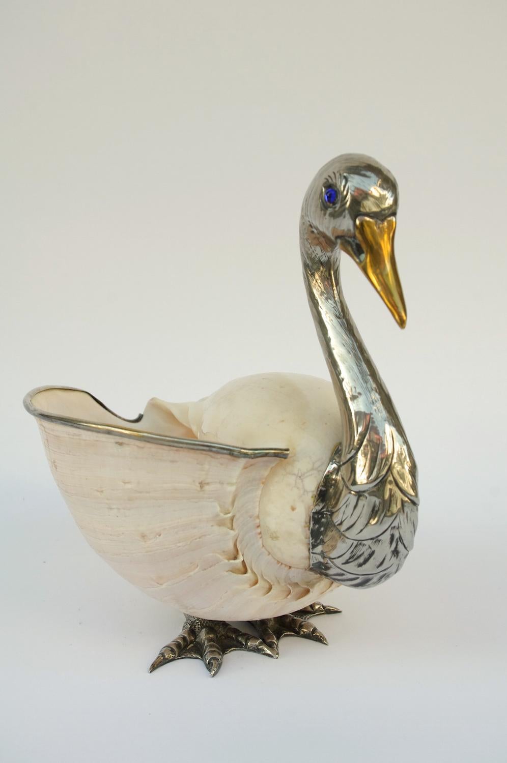 Late 20th Century Swan Trinket Bowl, Shell and Silvered Metal, Signed Binazzi, circa 1970