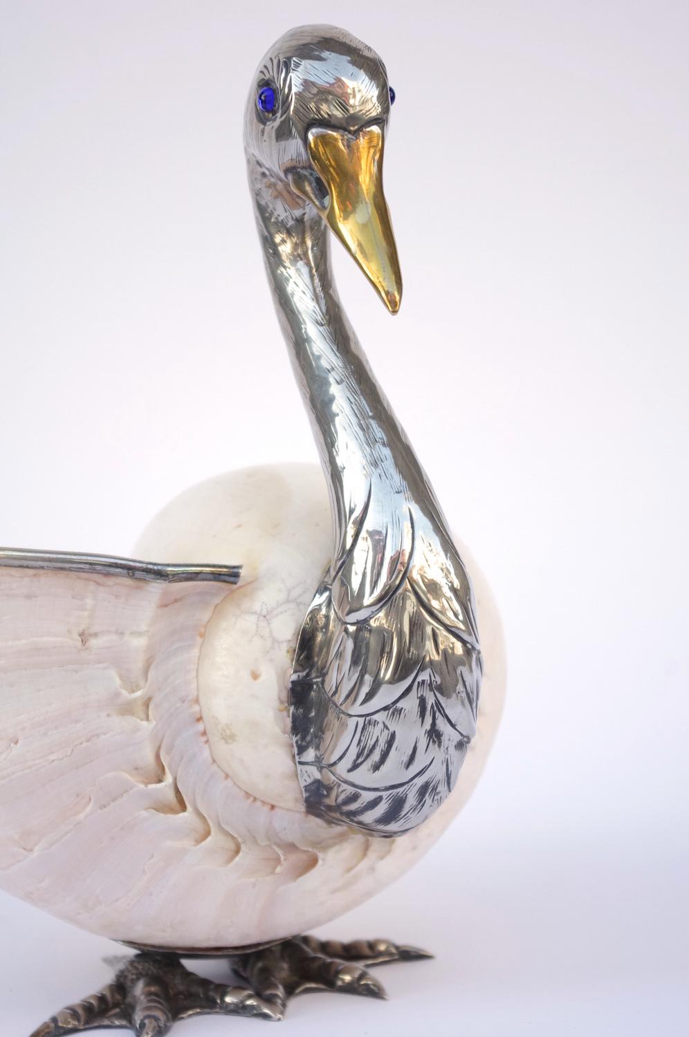 Swan Trinket Bowl, Shell and Silvered Metal, Signed Binazzi, circa 1970 2