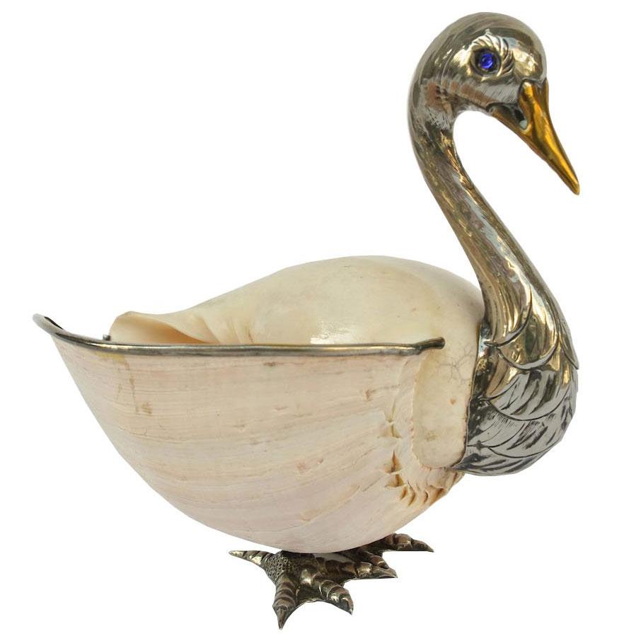 Swan Trinket Bowl, Shell and Silvered Metal, Signed Binazzi, circa 1970