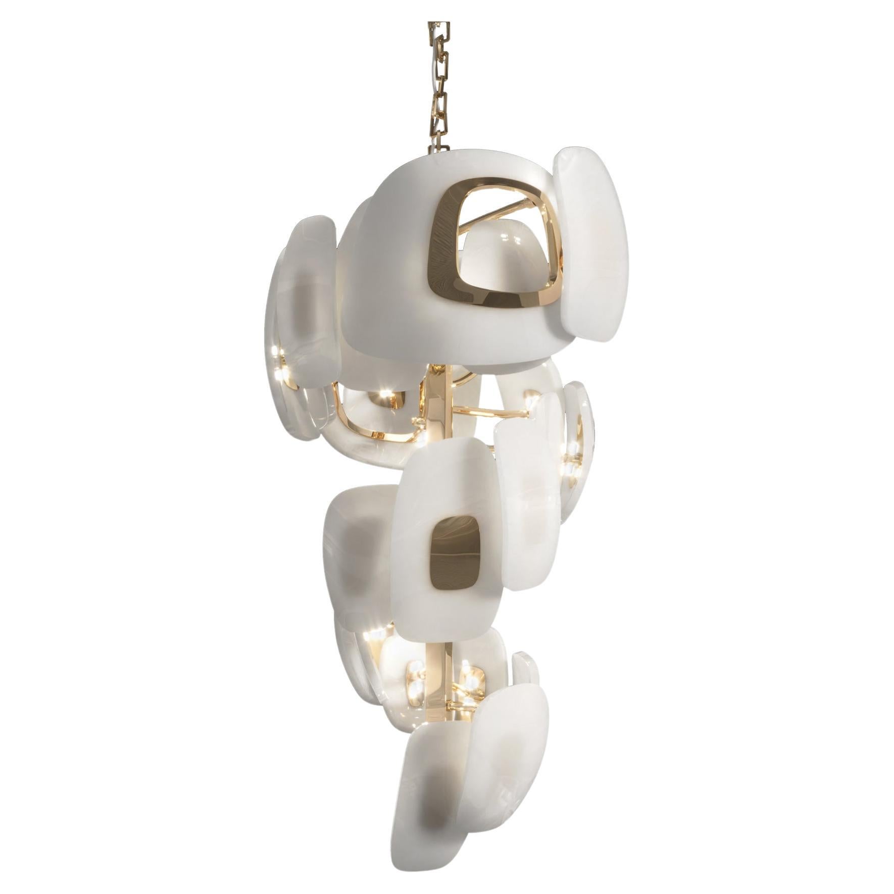 Swan Vertical Chandelier in Polished Bronze and Milky Glass by Palena Furniture For Sale
