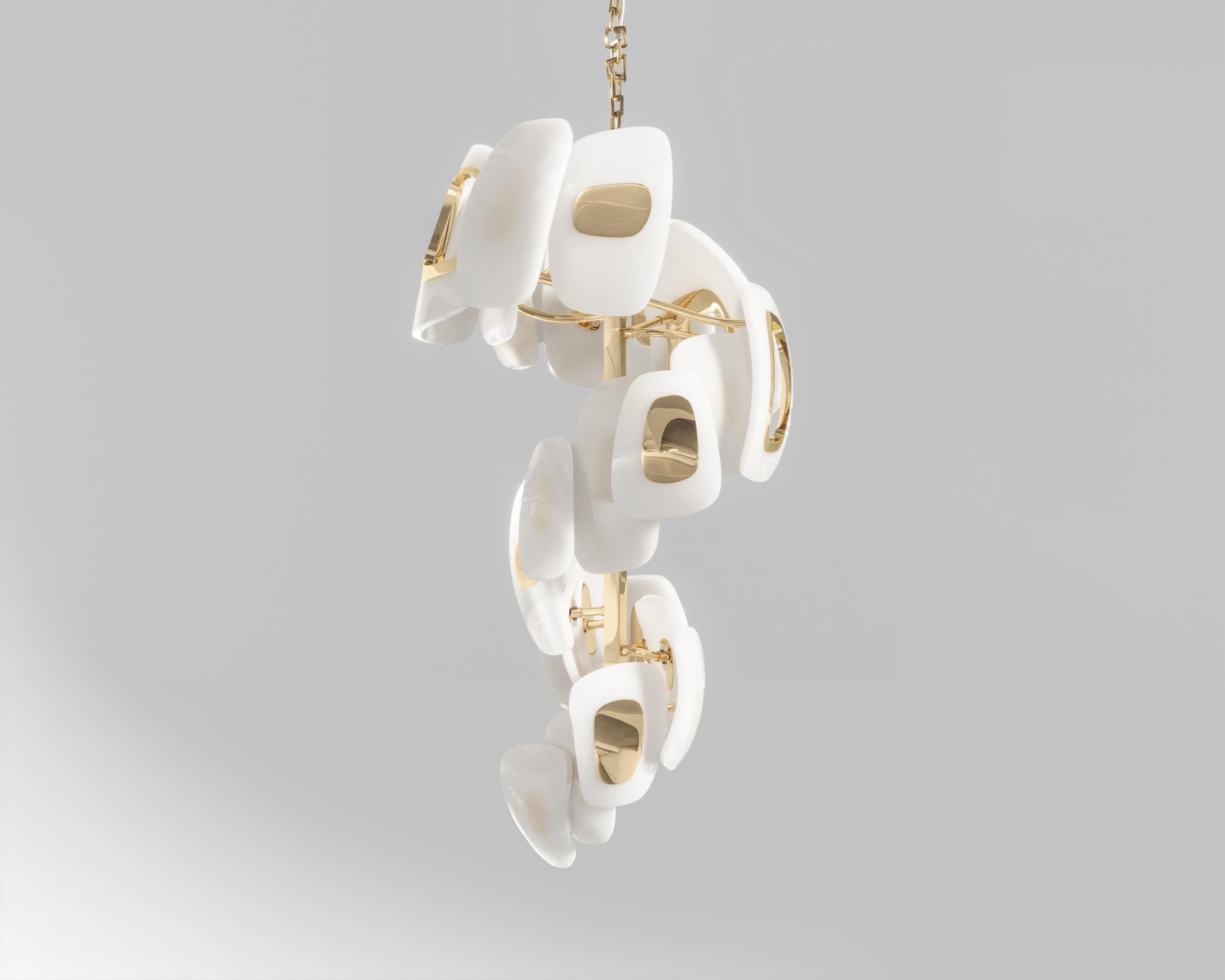 Turkish Swan Vertical Chandelier in Polished Bronze and Milky Glass by Palena Furniture For Sale