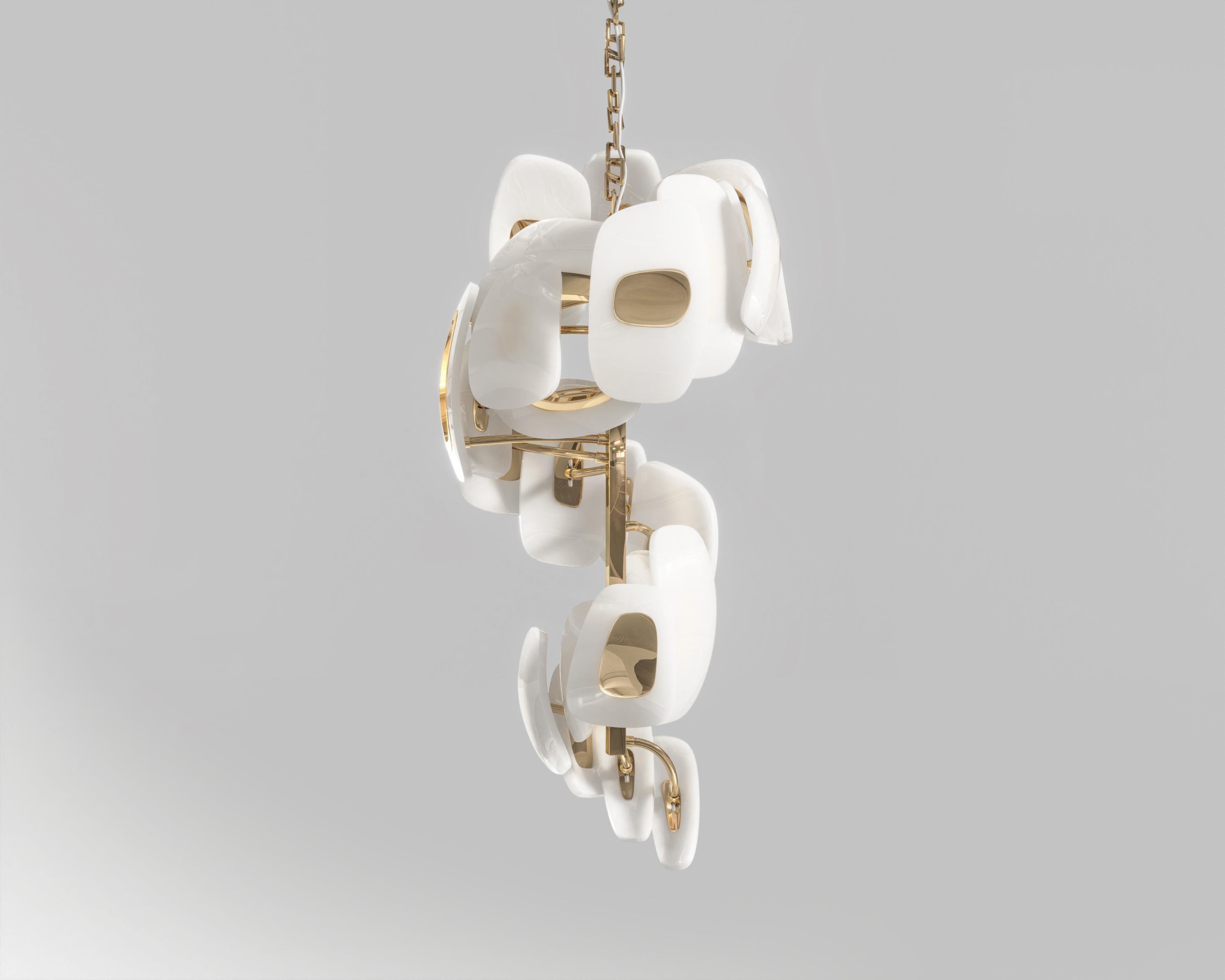 Swan Vertical Chandelier in Polished Bronze and Milky Glass by Palena Furniture In New Condition For Sale In Istanbul, TR