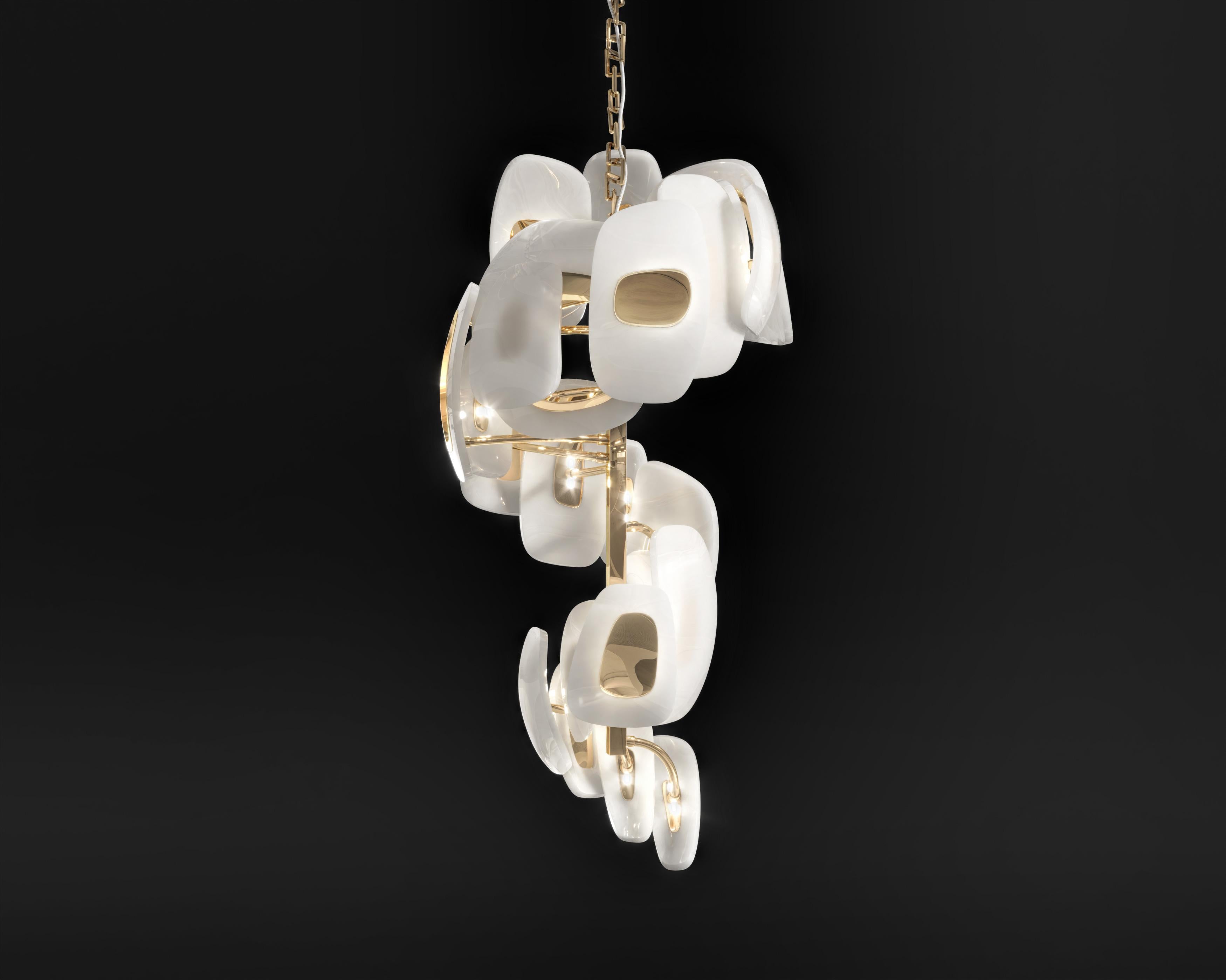Contemporary Swan Vertical Chandelier in Polished Bronze and Milky Glass by Palena Furniture For Sale