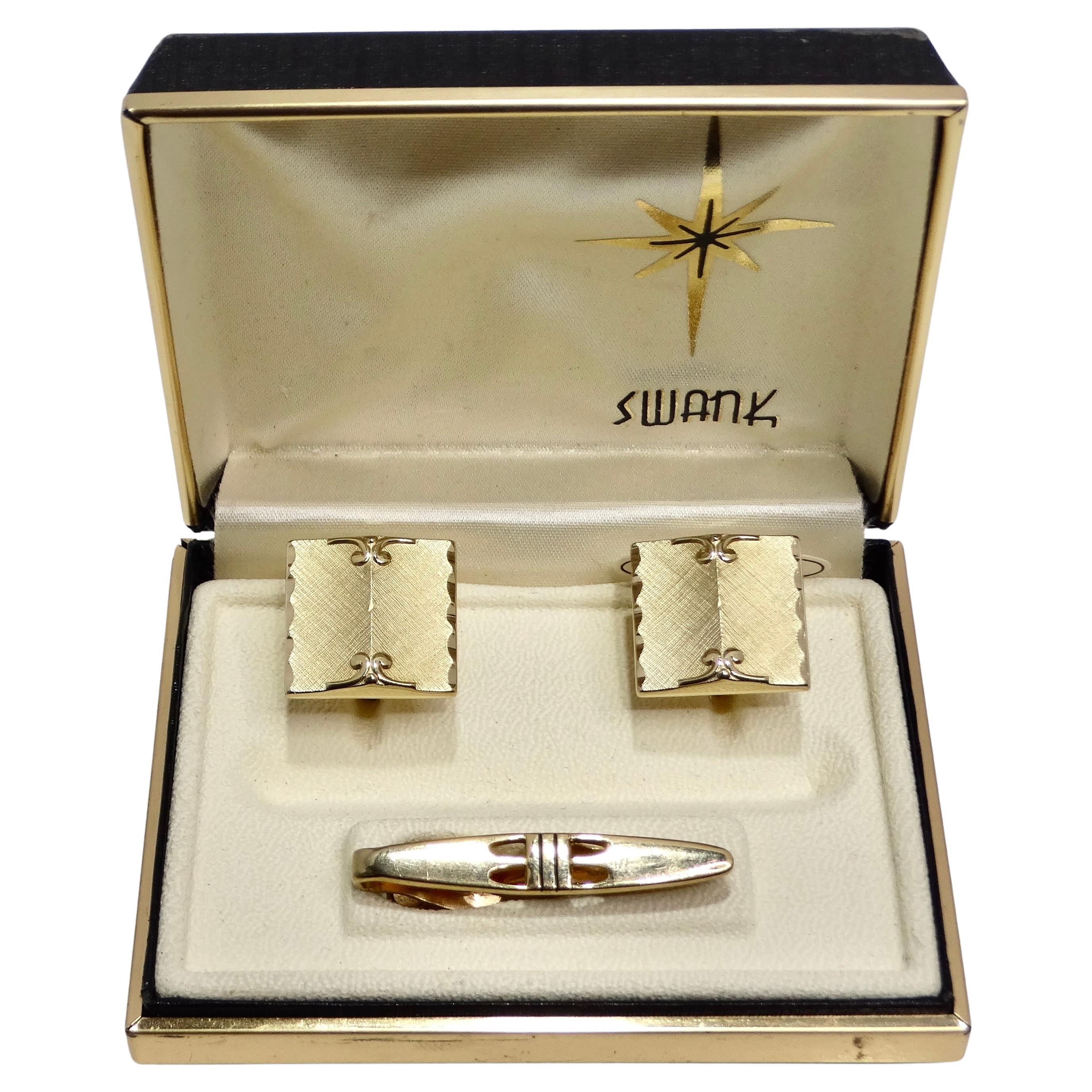 Swank 18K Gold Plated Vintage Cuff Links and Tie Clip Set For Sale