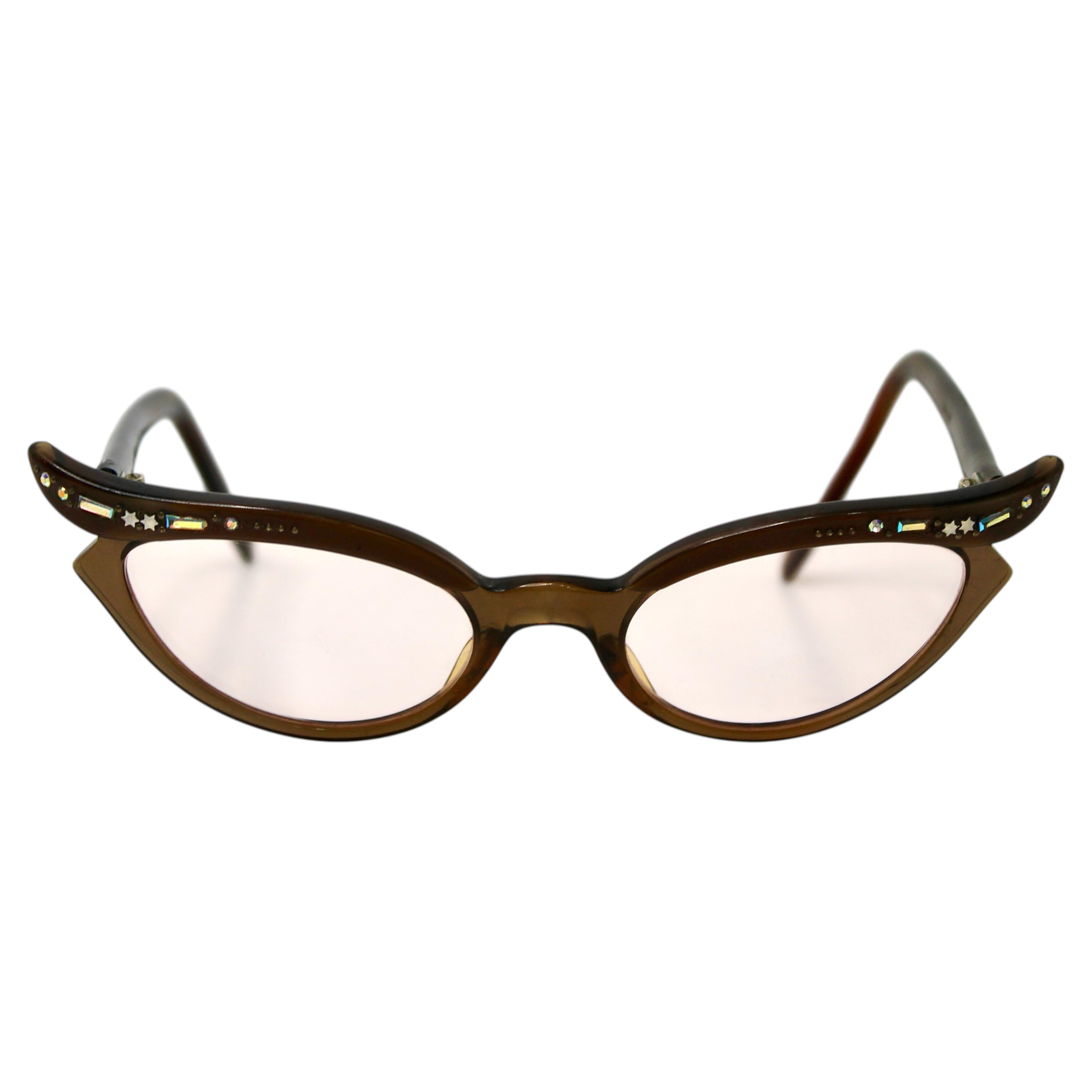 Swank France Bronze Acetate Cat Eye Glasses With Rhinestone Accents circa 1960s For Sale