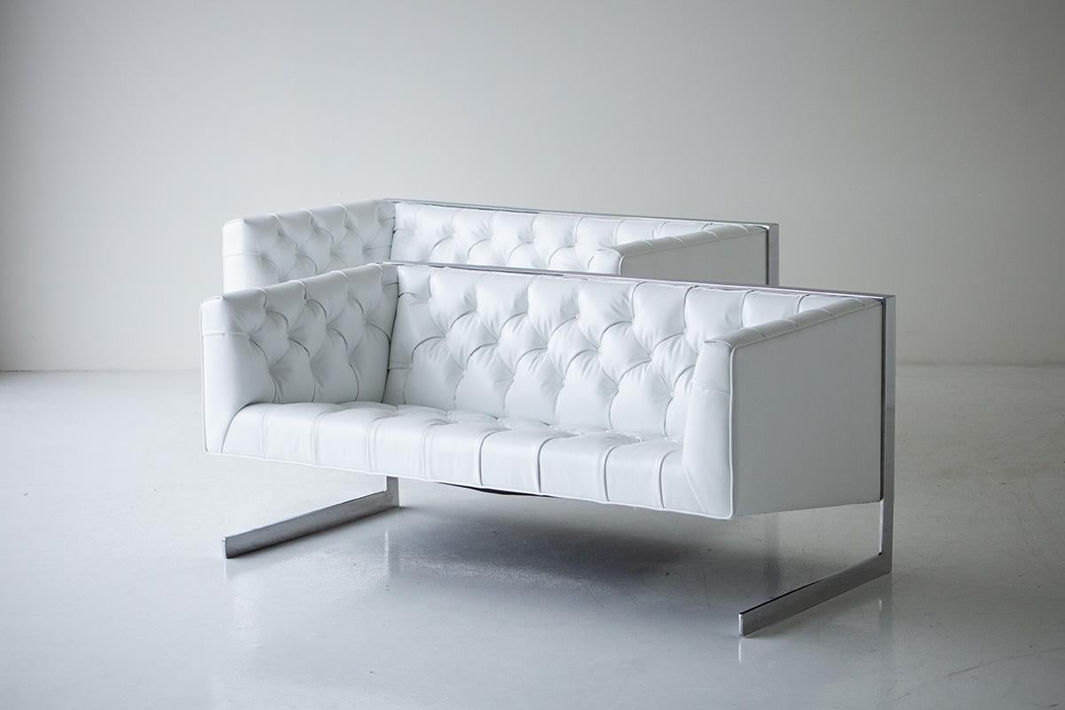 American Swanky Mid-Century Modern Chrome and Leather Tufted Sofa