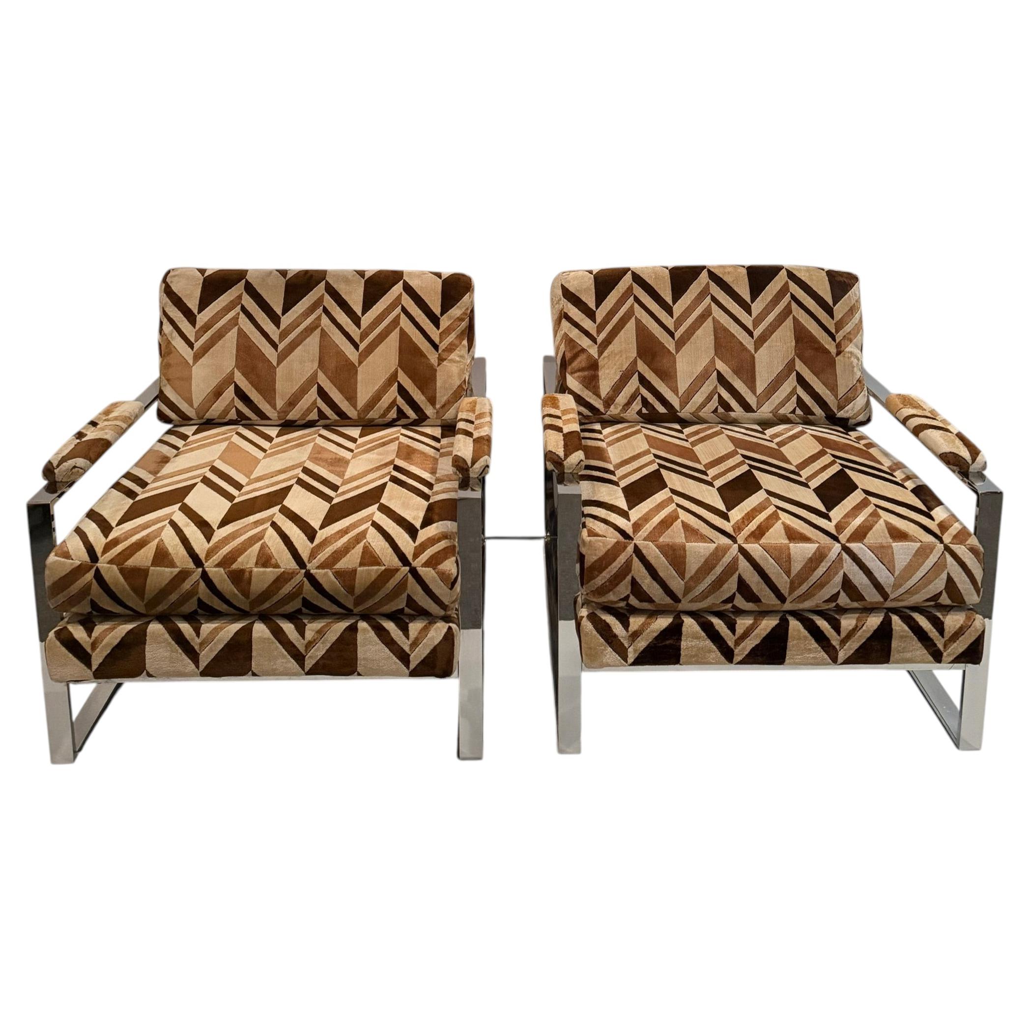 Swanky Pair of Milo Baughman Chrome and Plush Upholstered Club Chairs