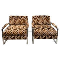 Swanky Pair of Milo Baughman Chrome and Plush Upholstered Club Chairs