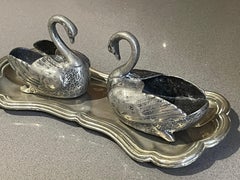 Swann Sterling Silver A Pair of Antique Salt & Pepper Shaker Swann Wings Tray