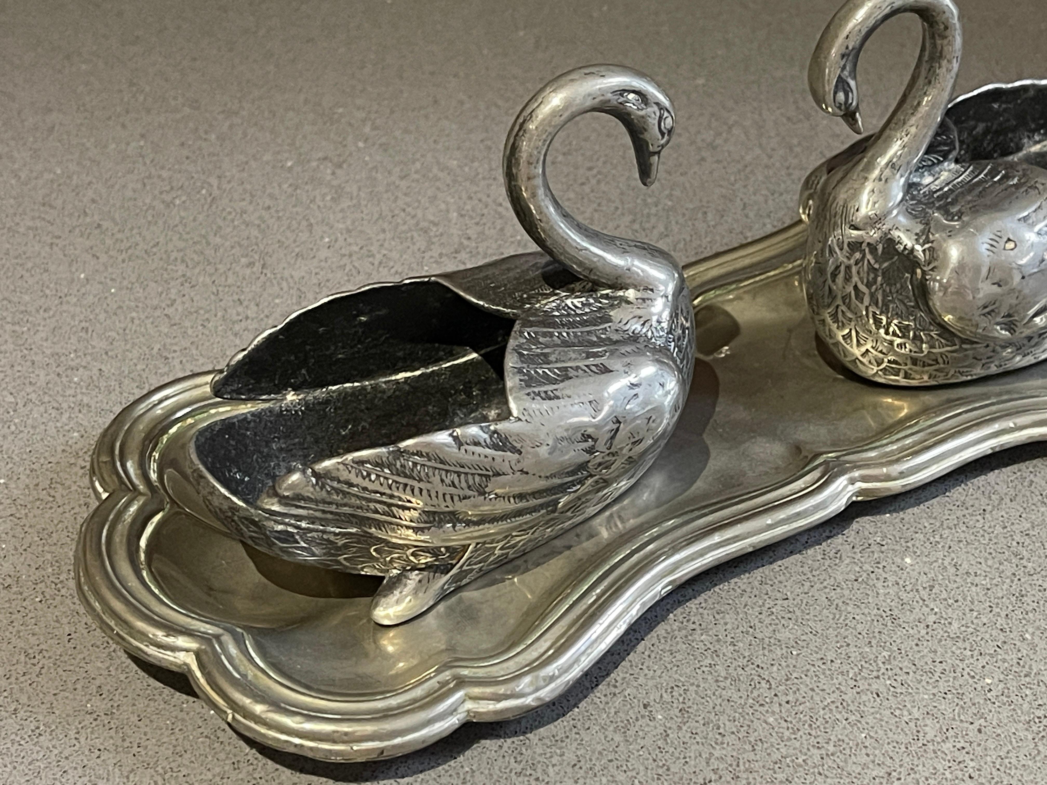 Hollywood Regency Swann Silver Salt Shaker A Pair of Antique Salt & Pepper Shaker Swann Wings Tray For Sale