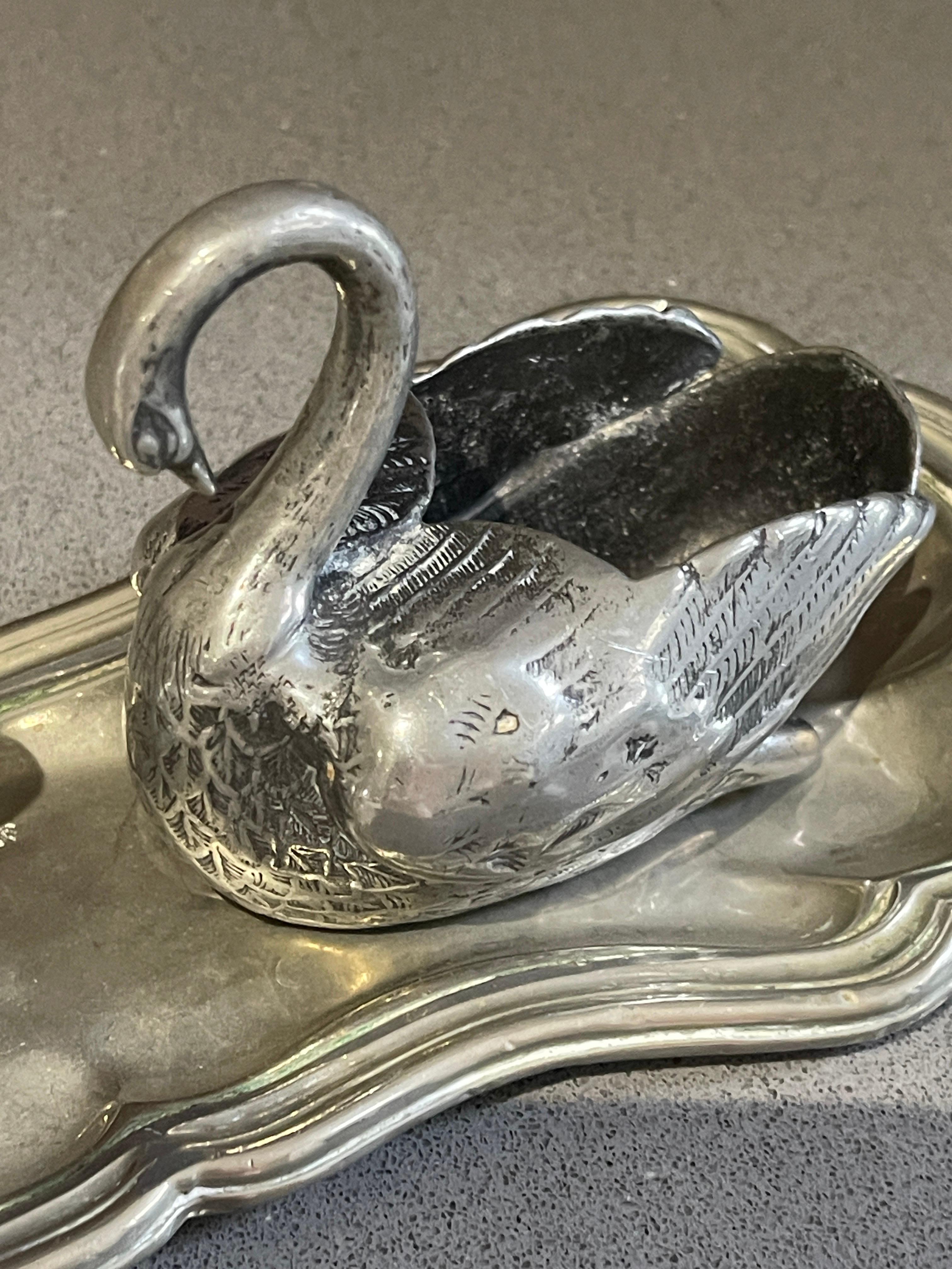 European Swann Silver Salt Shaker A Pair of Antique Salt & Pepper Shaker Swann Wings Tray For Sale