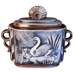 "Swans and Cygnets," Important Art Deco Covered Jar by Nylund, Sweden