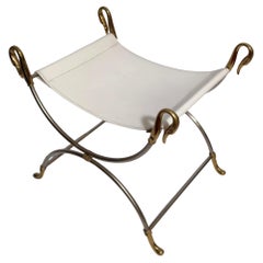 "Swans” curule stool, steel & gilded bronze, Maison Charles, France, circa 1970
