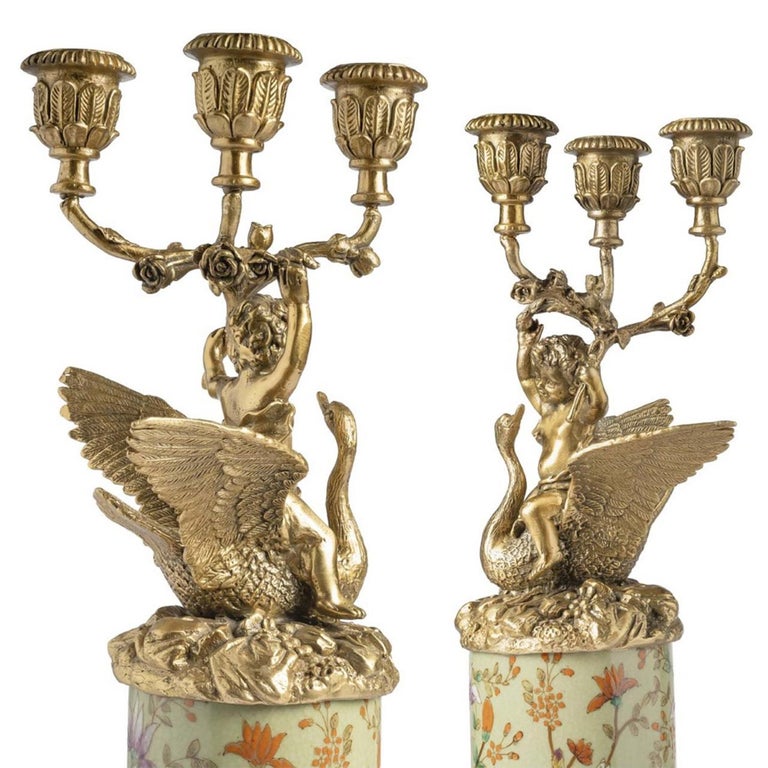Bougeoirs Art Déco Oiseaux – Porcelaine Et Bronze, 33 Cm, Fabriqués En Italie