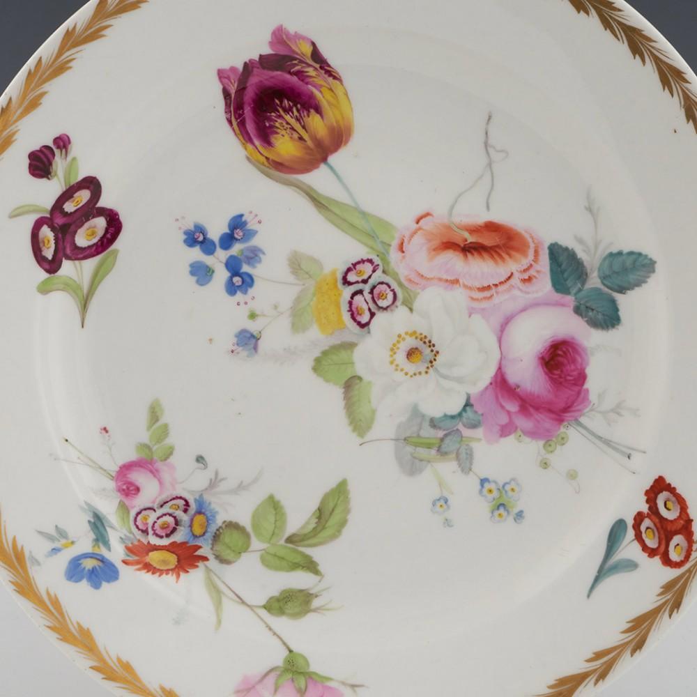 Swansea Porcelain Dessert Plate By Henry Morris, c1816

Additional information:
Date : 1815-1817
Period : George III
Marks : Faint impressed trident mark
Origin : Swansea, South Wales
Colour : polychrome and gilt on white grounds
Pattern : large