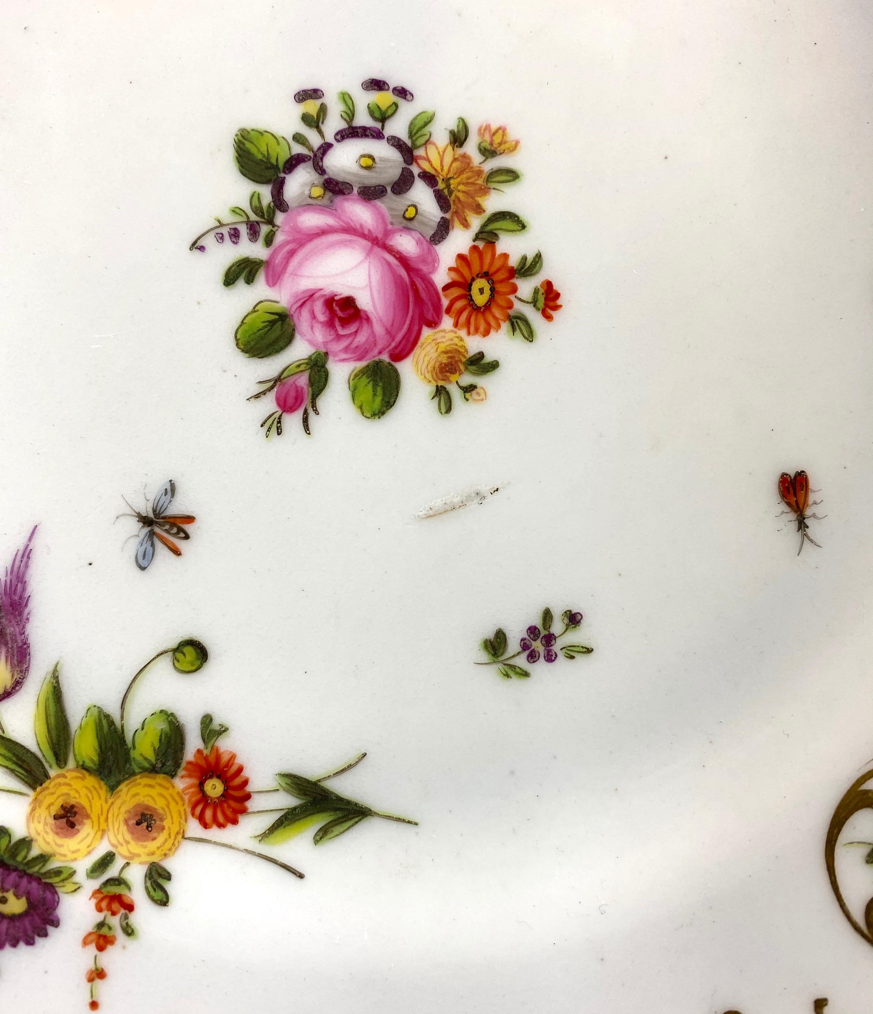 Swansea Porcelain dish, circa 1815. Hand painted to the center, with a spray of flowers, and three further sprays towards the rim. Interspersed, with sprigs of flowers, and flying insects. The border with elaborate gilt scrollwork, and a ladybird