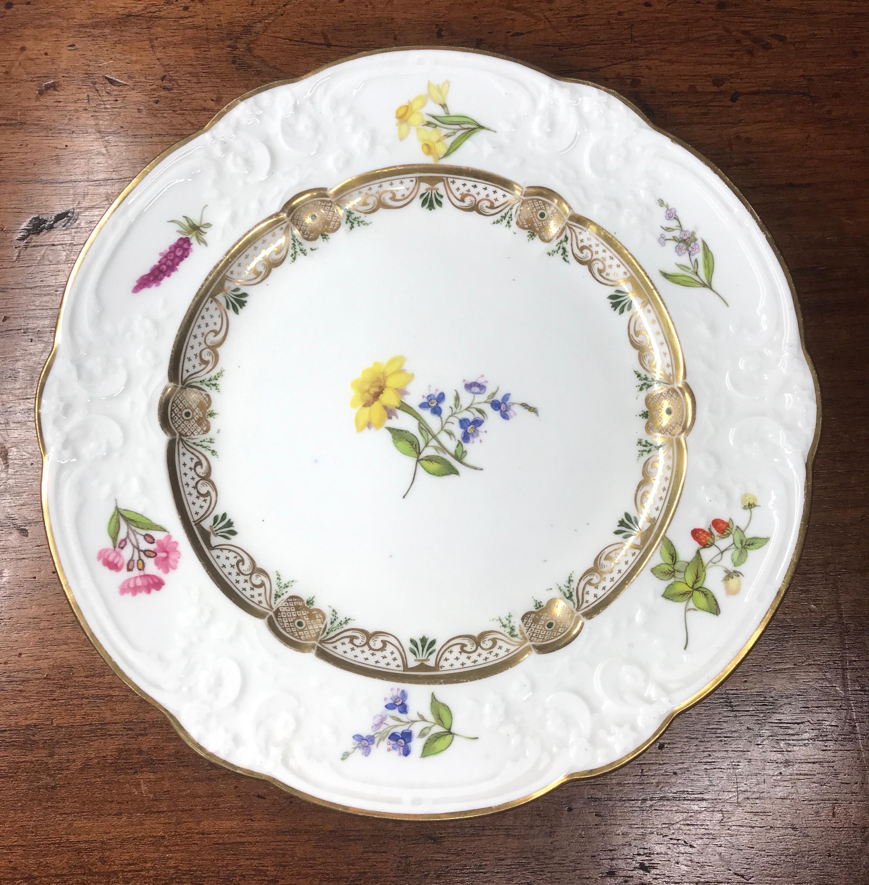Swansea Porcelain dessert plate, well painted with flower specimens including strawberries and daffodils, the rim with Fine c-scroll and wreath moulding, the shoulder with gilt scroll border including verdant green leaves. 

Red SWANSEA stamp,