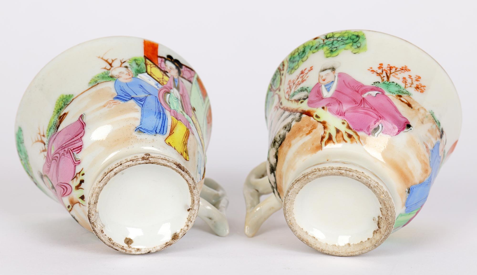 Swansea Welsh Pair Famille Rose Chinese Mandarin Pattern Porcelain Cups For Sale 5