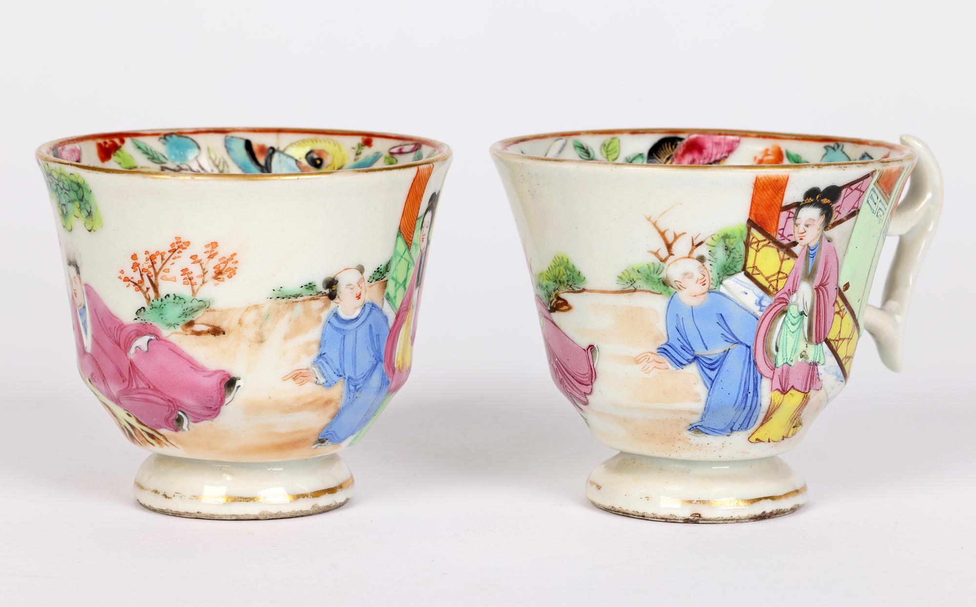 Swansea Welsh Pair Famille Rose Chinese Mandarin Pattern Porcelain Cups For Sale 9