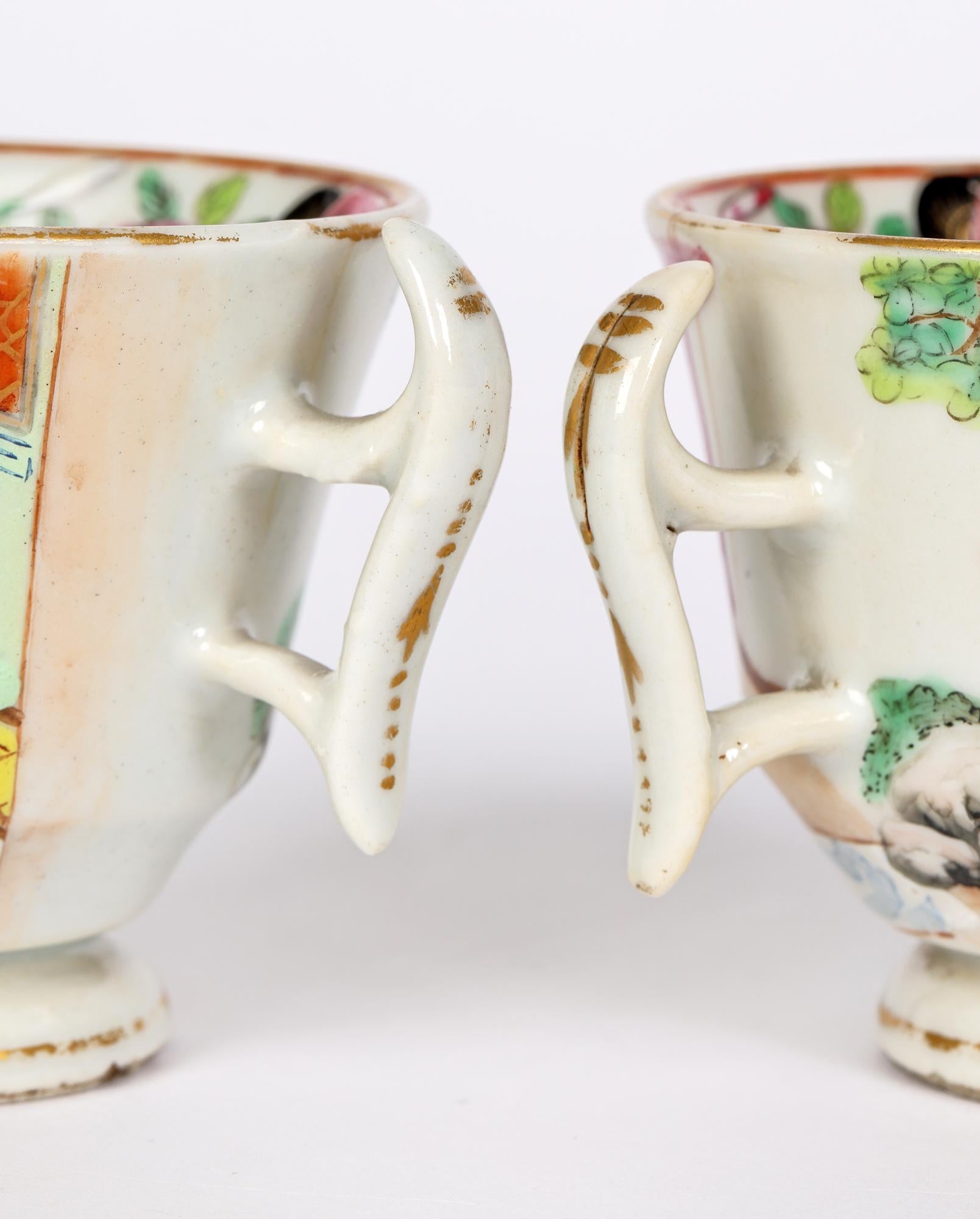 George III Swansea Welsh Pair Famille Rose Chinese Mandarin Pattern Porcelain Cups For Sale