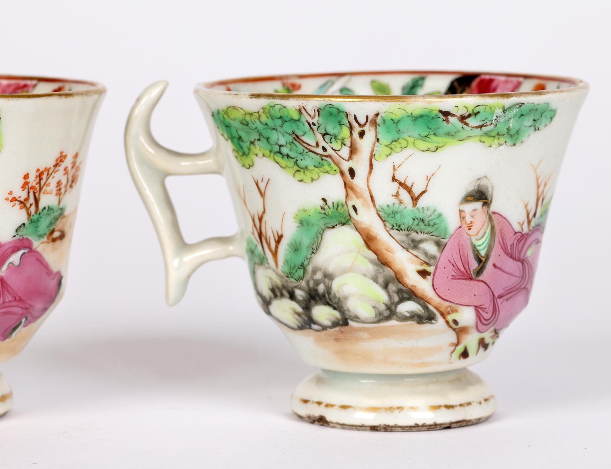 Hand-Painted Swansea Welsh Pair Famille Rose Chinese Mandarin Pattern Porcelain Cups For Sale